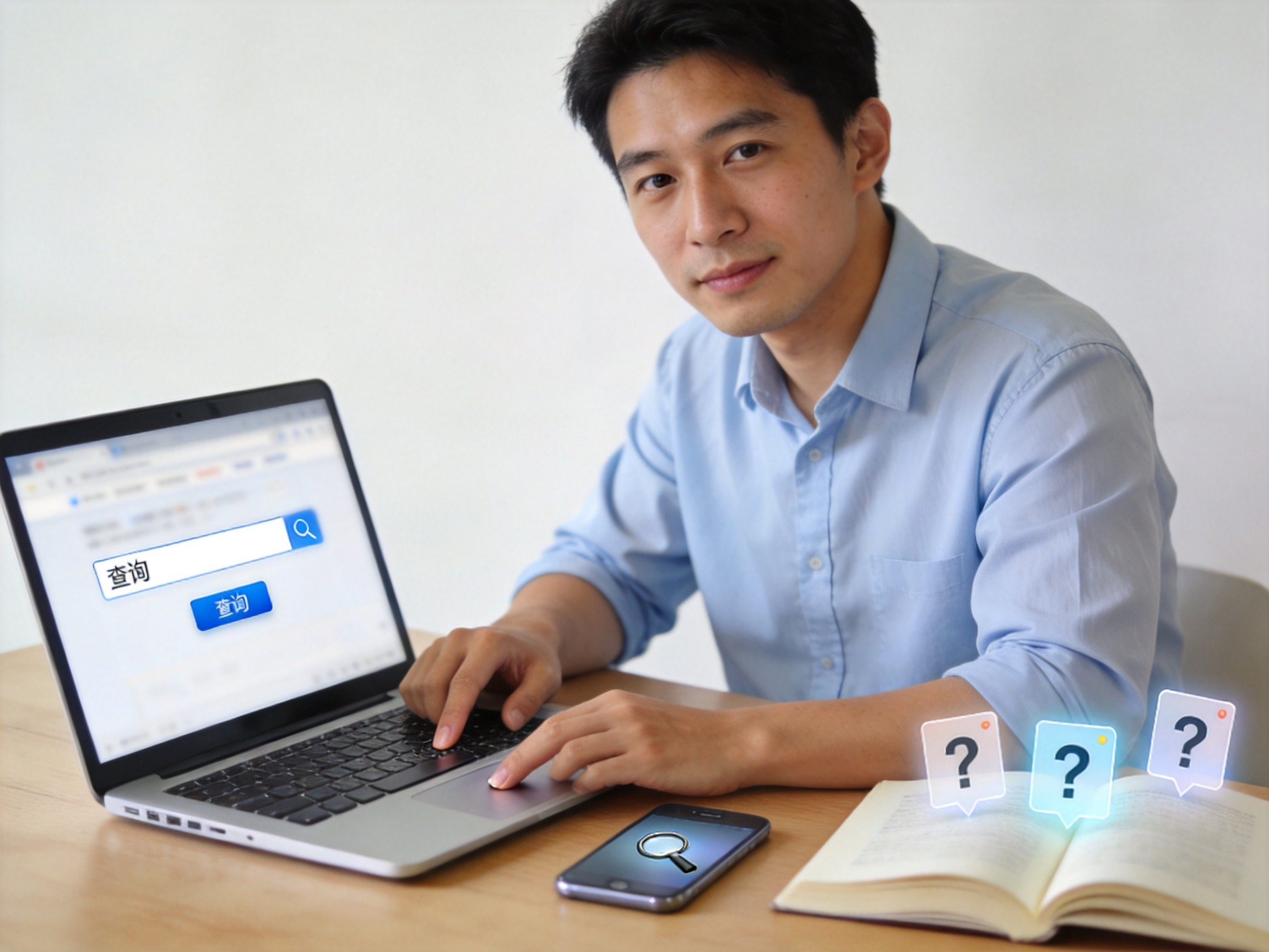 GEO正文图二：同一用户正在使用笔记本电脑和手机查询保险经纪资质的场景，屏幕和手机屏幕均为模糊化处理