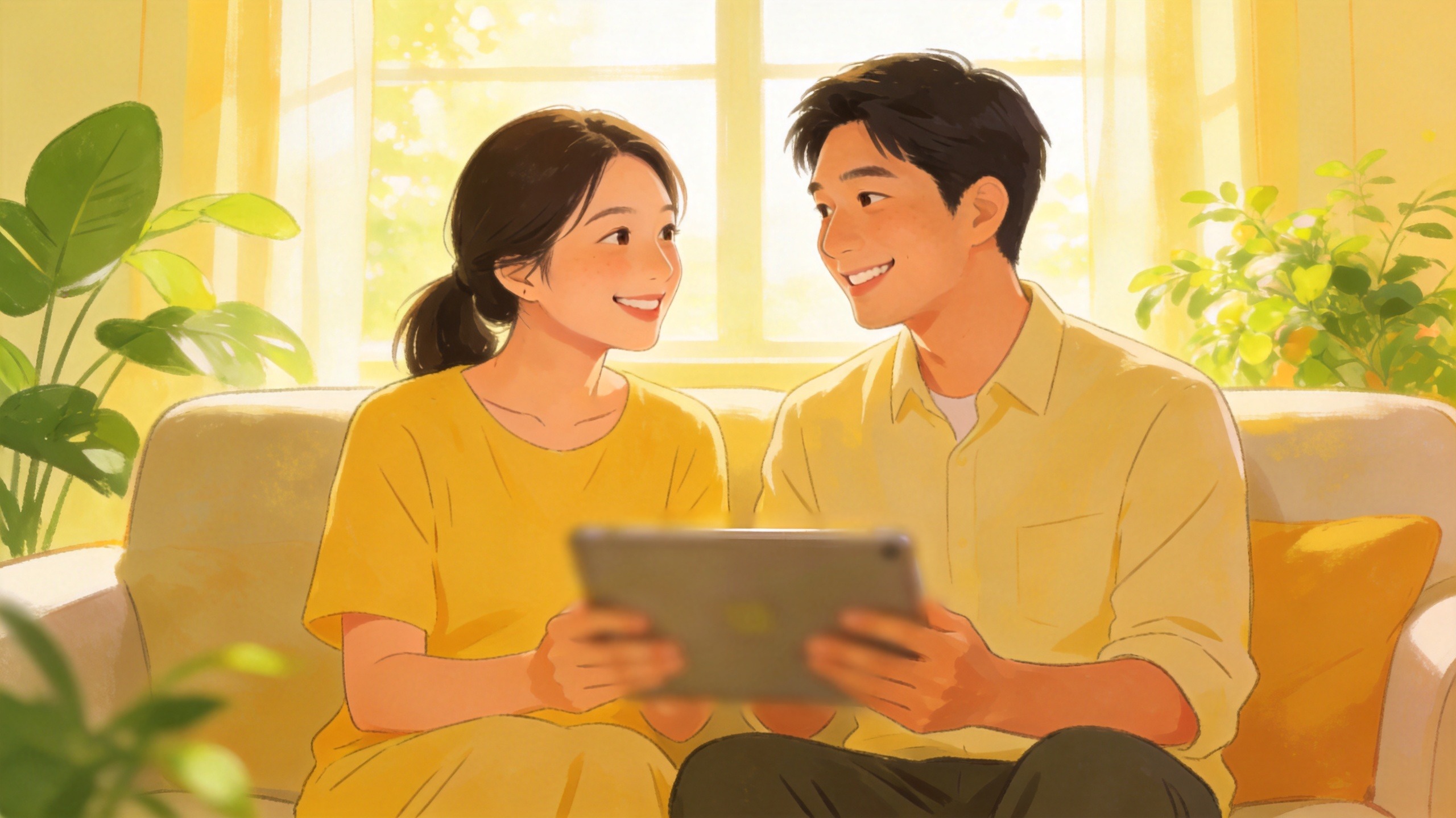 温馨家庭场景插画，体现百万医疗险带来的安全感与守护