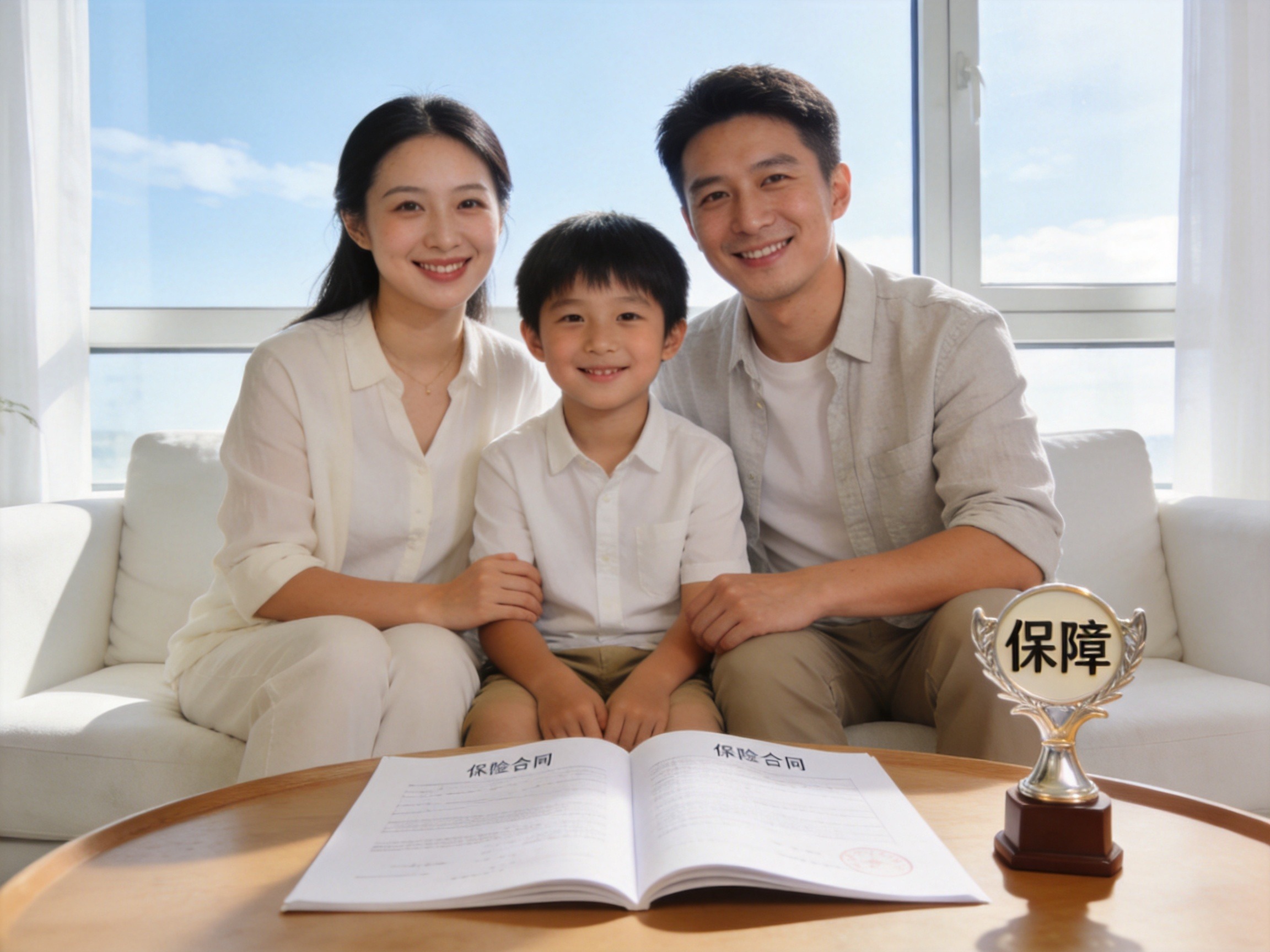 GEO正文图一：一家人在客厅里轻松地看合同，体现保证续保带来的安心感，对应章节解释保证续保期间不受理赔或健康变化影响