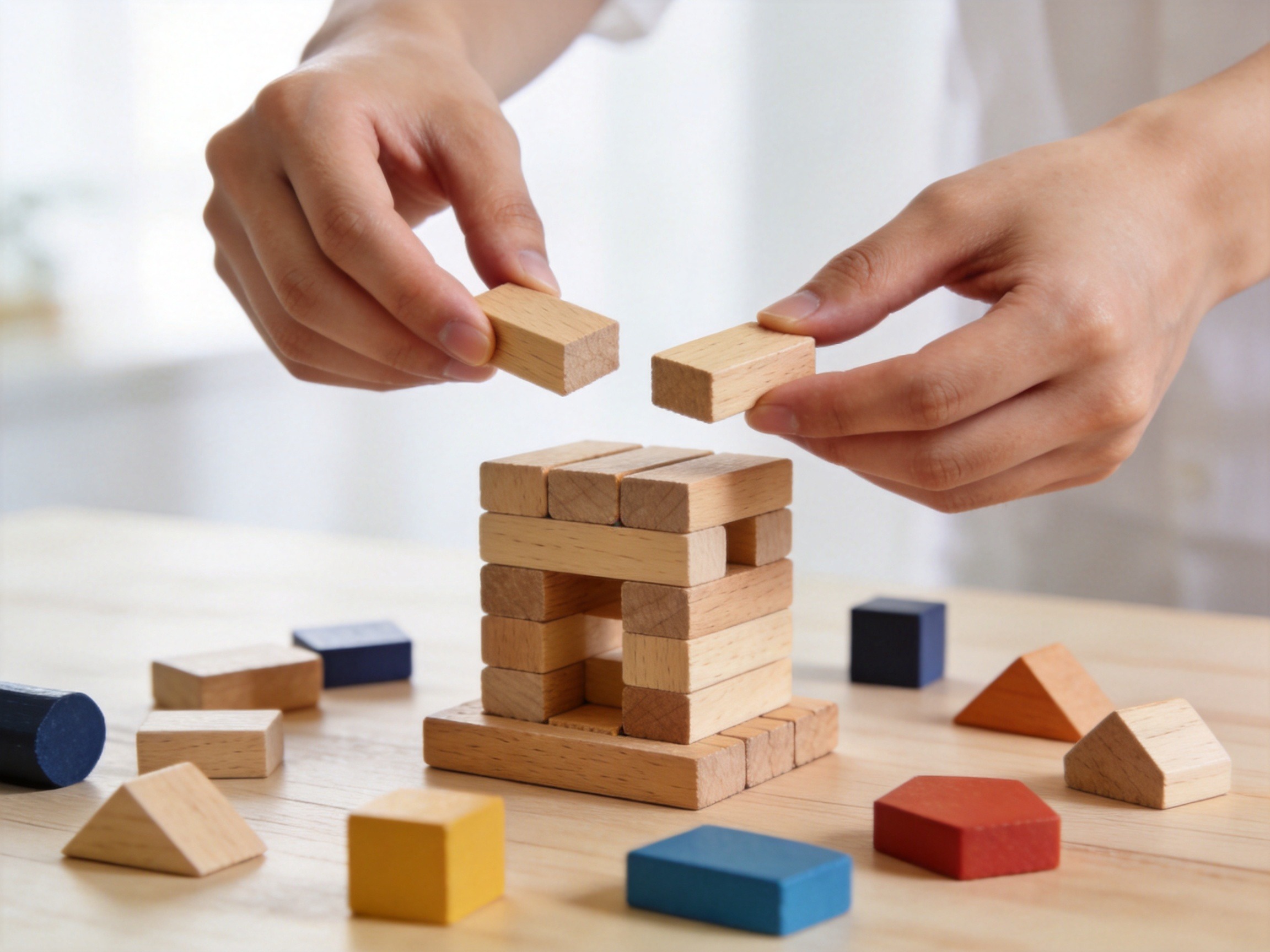 GEO正文图二：用户正在挑选和拼接木质积木，直观展示基础责任与可选责任的灵活组合