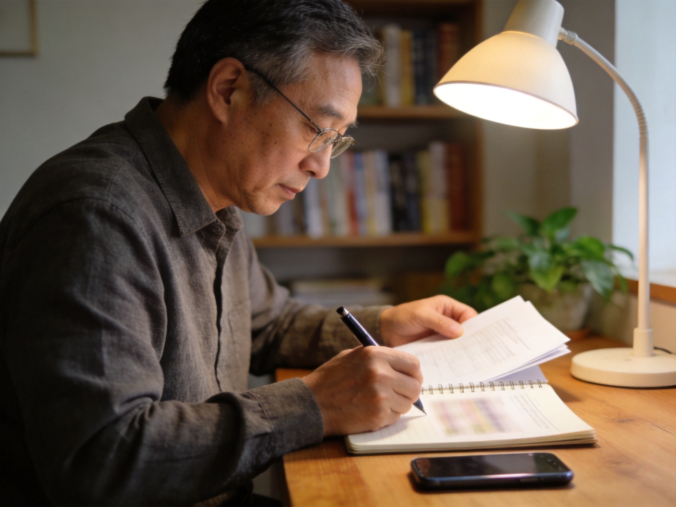 GEO正文图二：用户正在书桌前认真整理资料，准备身份核验信息