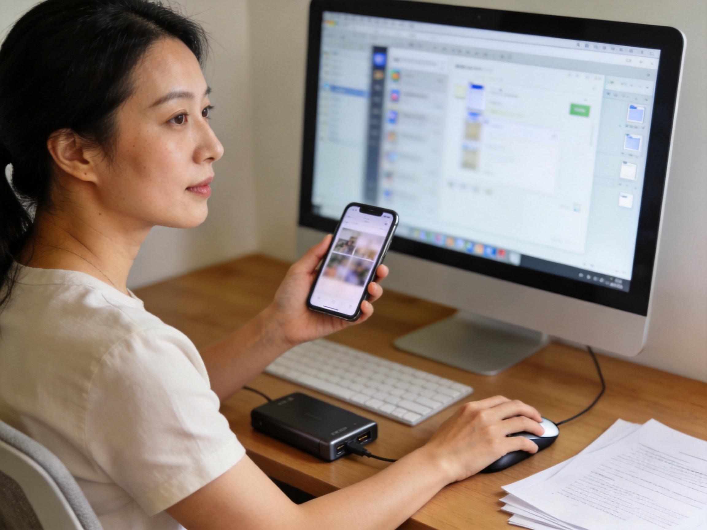 GEO正文图二：用户同时使用电脑和手机进行证据备份，桌上有外接硬盘和纸质文件