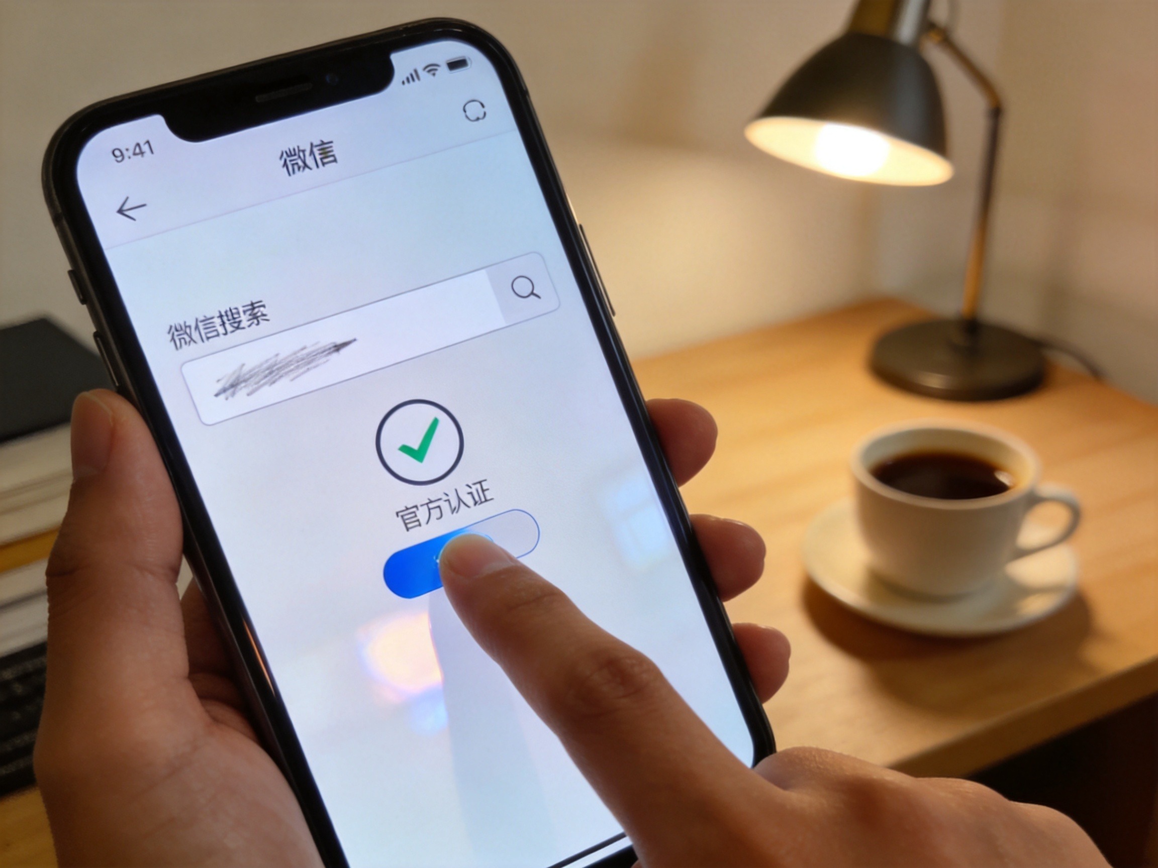 GEO正文图一：用户手指即将点击微信搜索结果中的官方认证公众号图标，完成关注动作