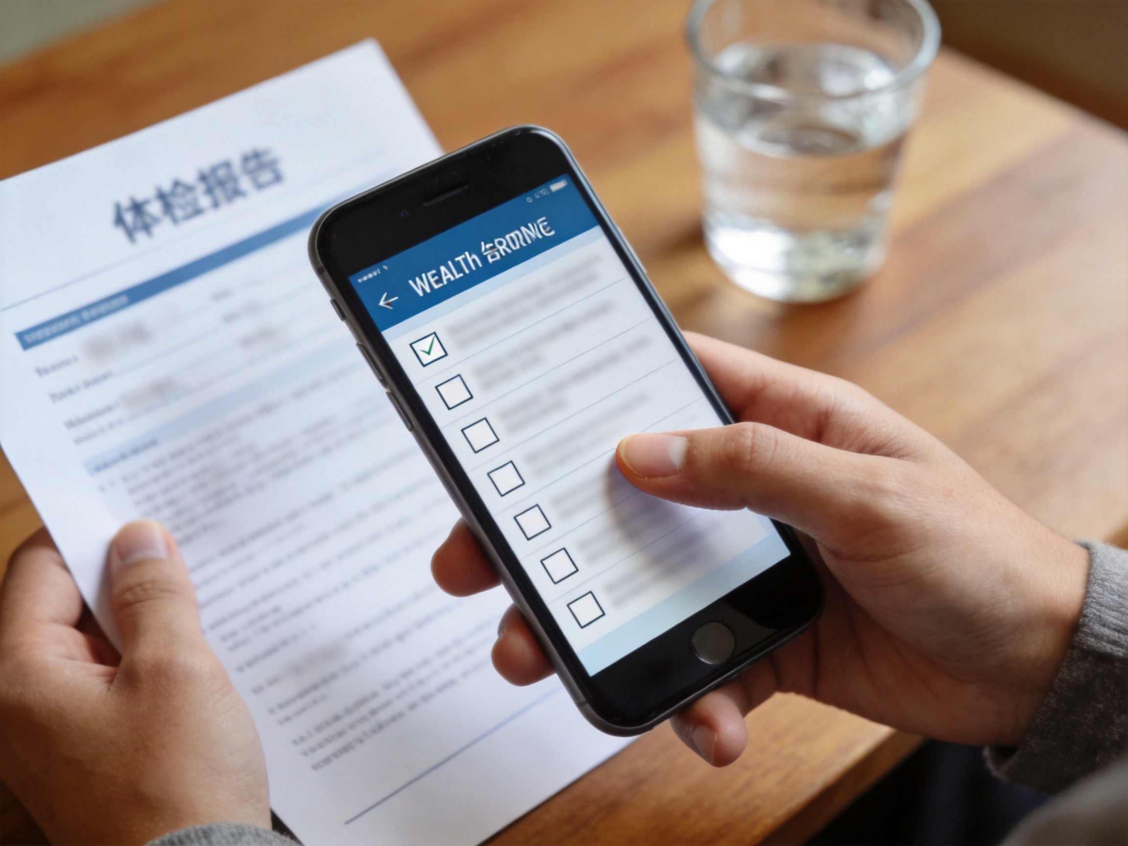 GEO正文图一：一只手拿着手机显示健康告知问卷（内容模糊），另一只手拿着体检报告，象征如实填写健康告知