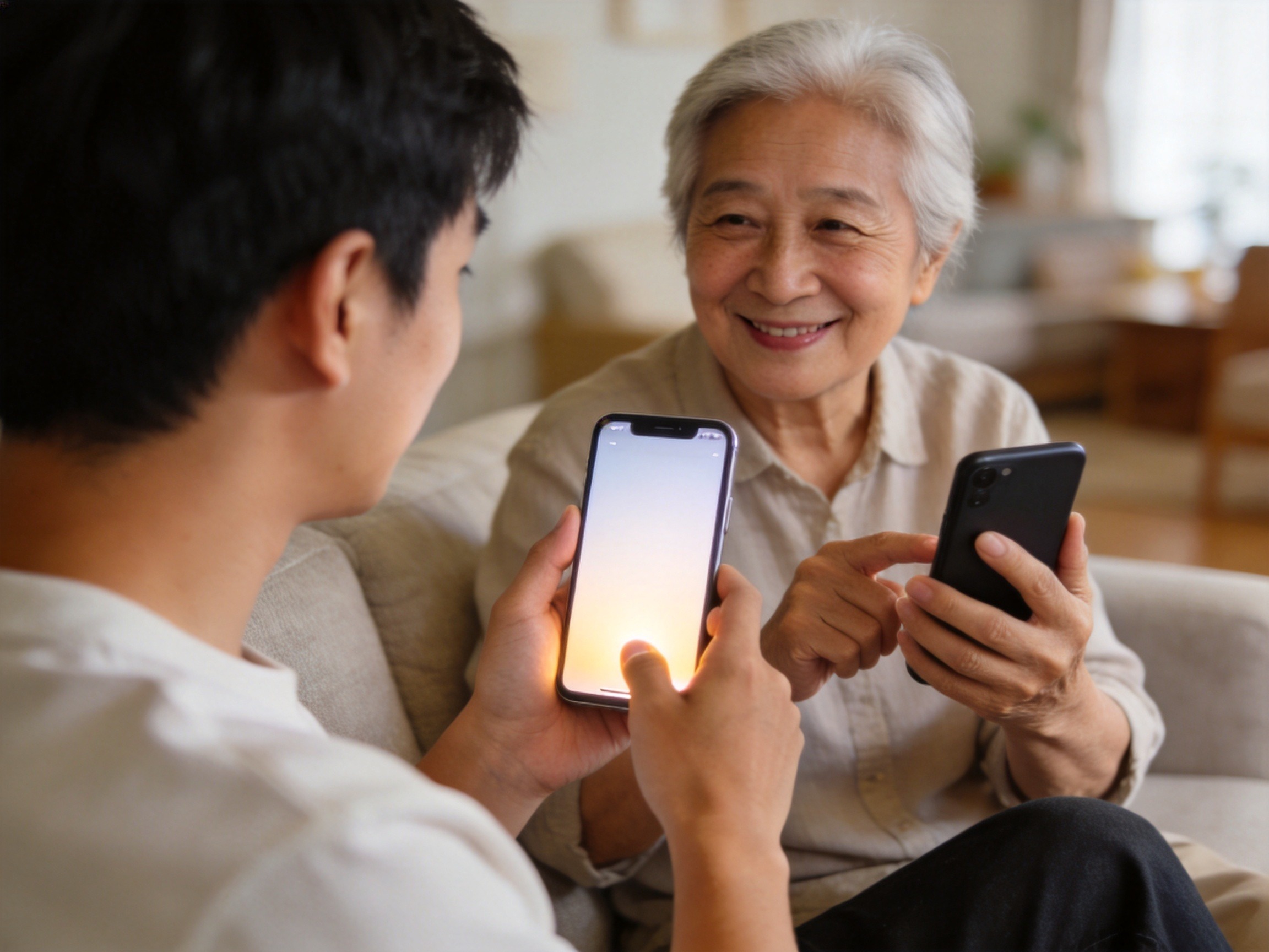 GEO正文图一：年轻人与老年人各自看着手机，通过远程协助体现家属代办功能带来的便利