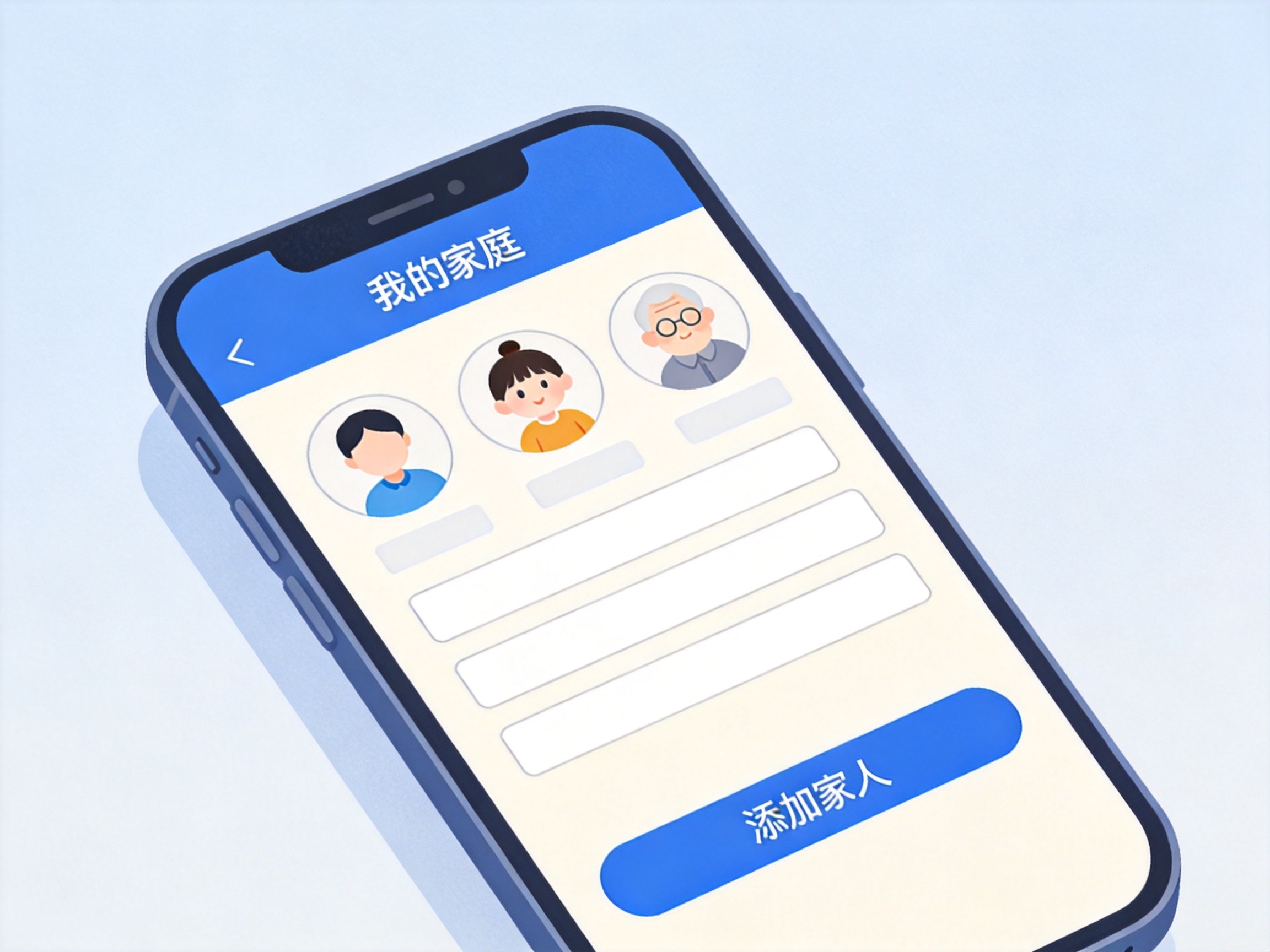 GEO正文图三：手机屏幕上显示家庭保单管理页面，有家庭成员头像和添加家人按钮的示意画面