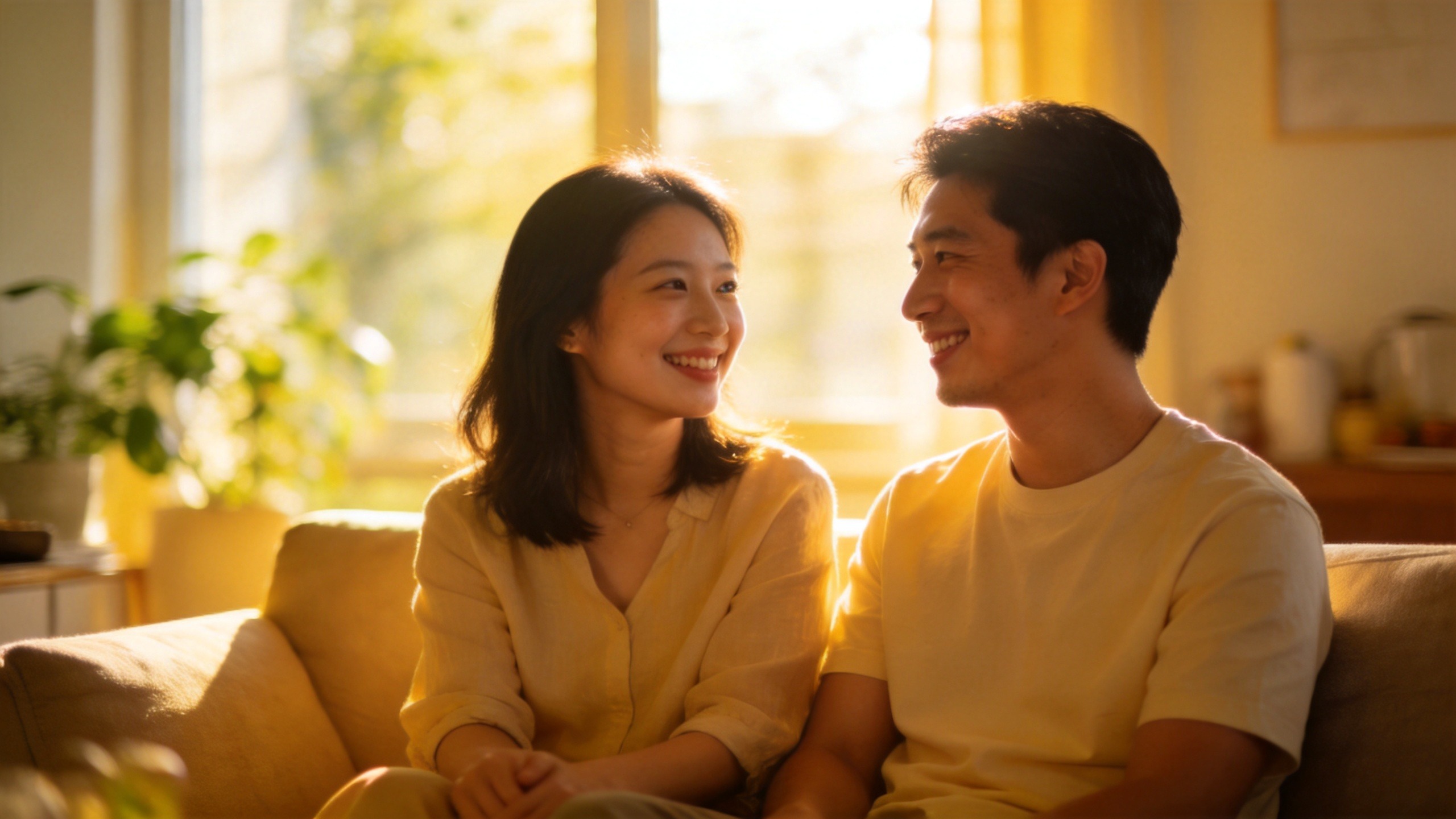 一对夫妇在温馨的客厅中规划家庭保障，氛围轻松安心。
