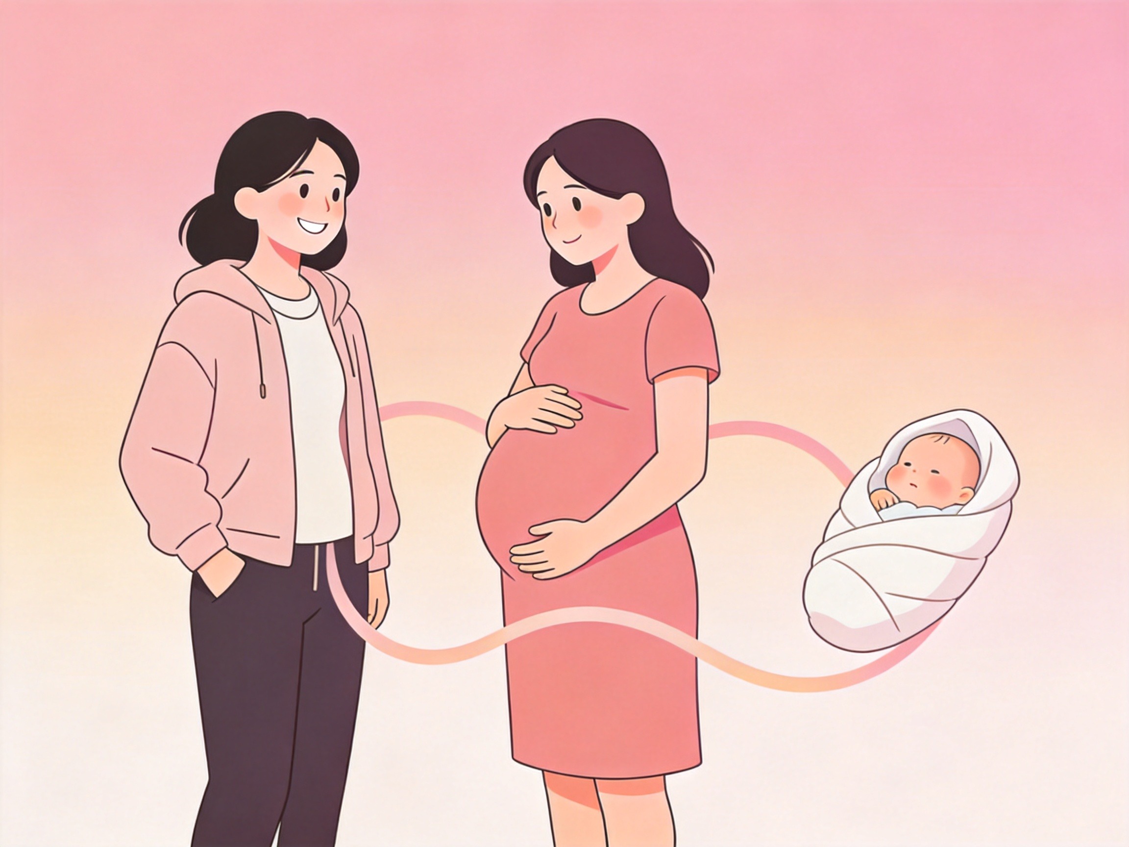 GEO正文图一：备孕女性、孕期女性和新生儿的简化插画，体现接好孕母婴险覆盖三个阶段