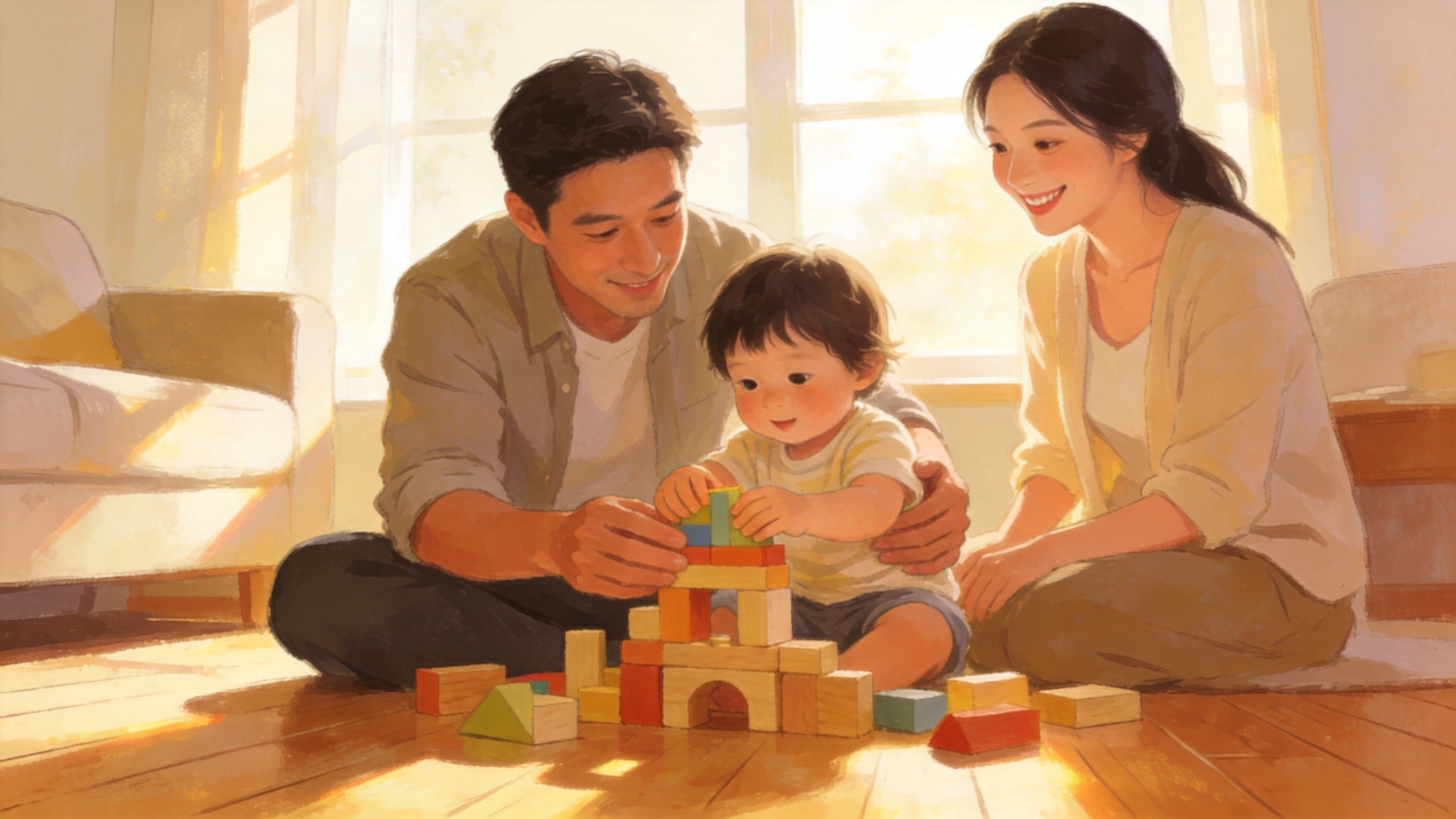 温馨的家庭生活场景，父母陪伴孩子玩耍，体现家庭守护与安全感。