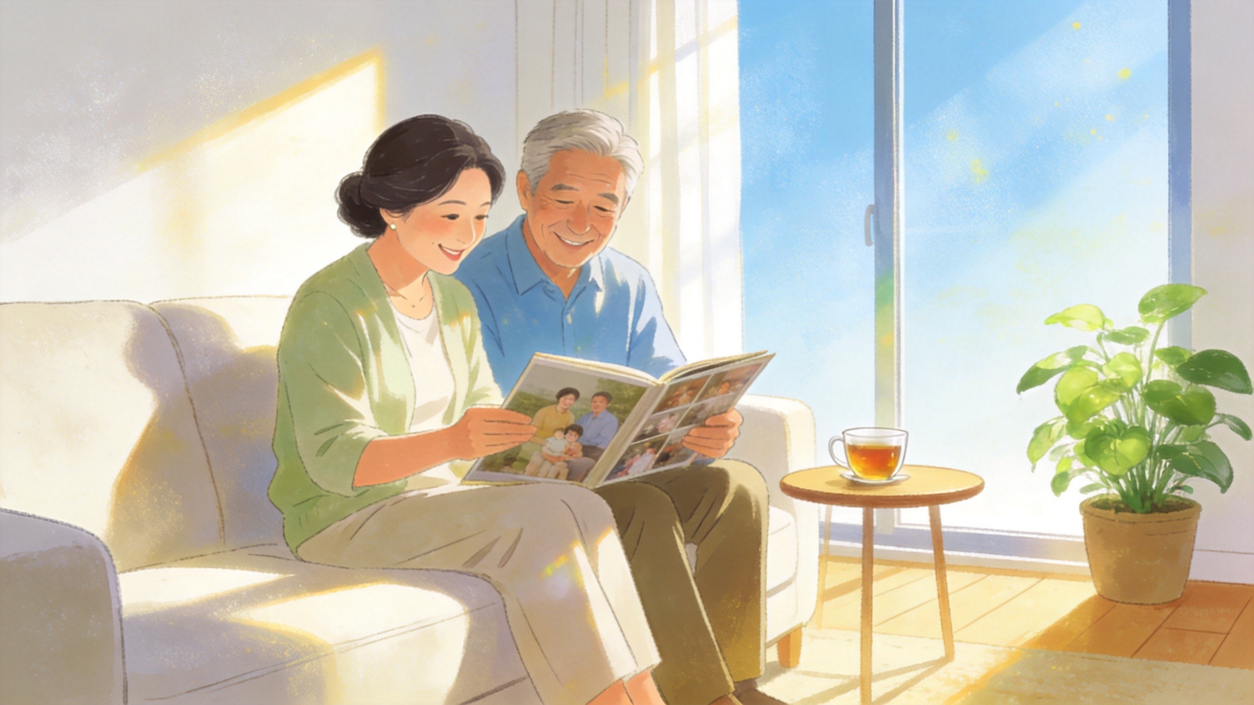 一对夫妇在温馨客厅规划退休生活