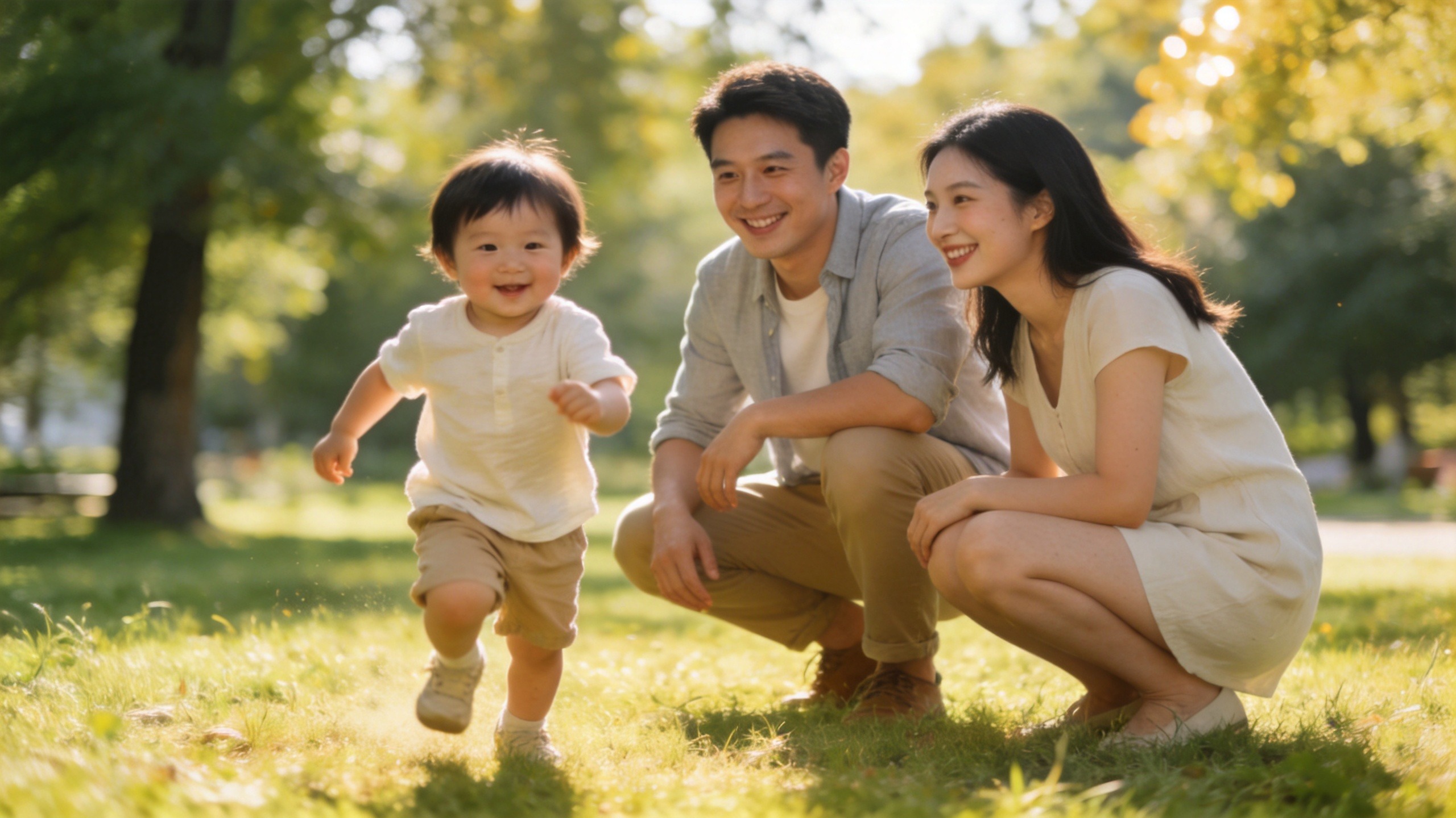 父母在公园陪伴孩子快乐玩耍的温馨场景