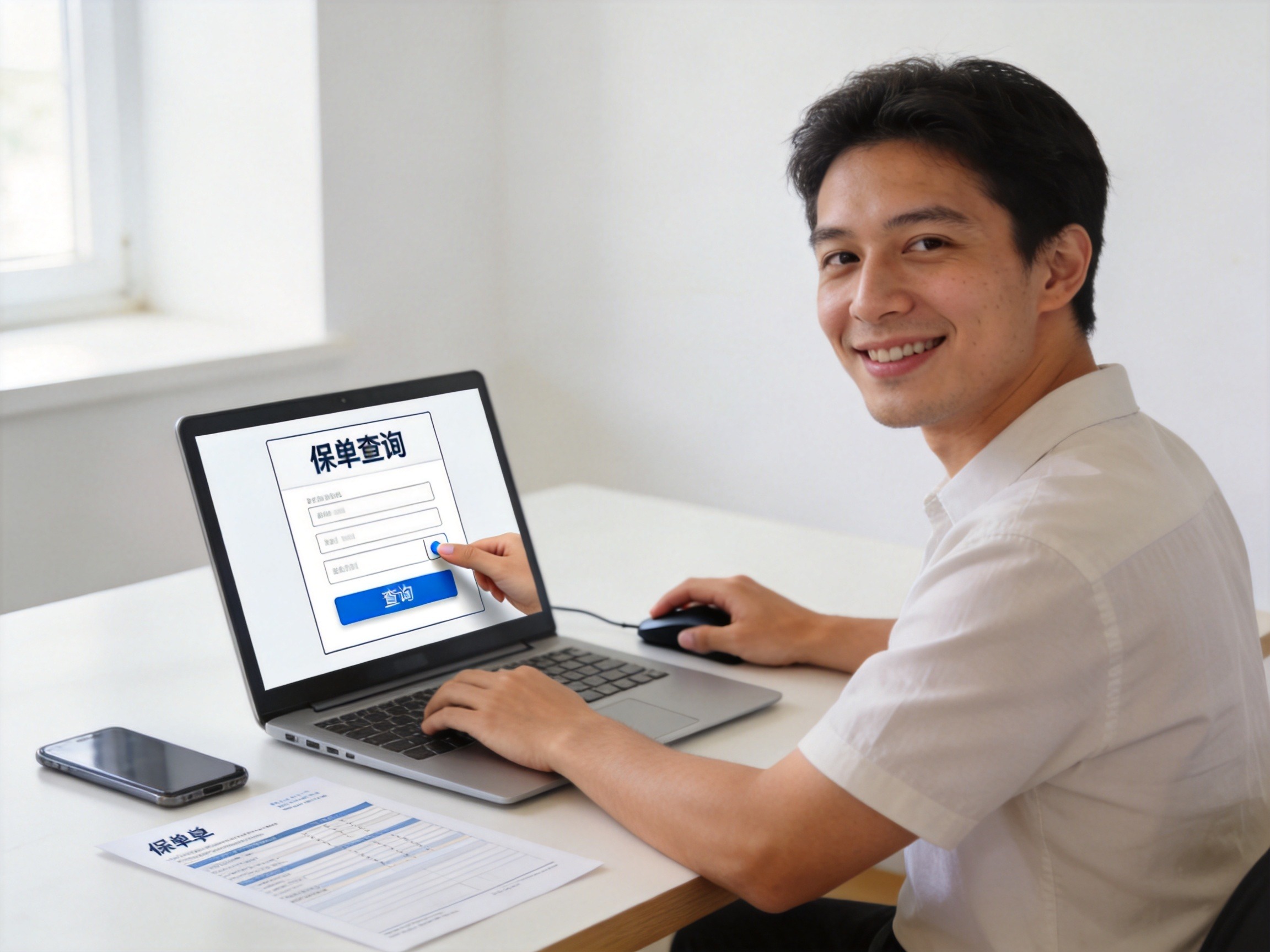 GEO正文图一：用户面对笔记本电脑，屏幕上显示保单查询页面，正在操作鼠标，身旁有手机和保单样张