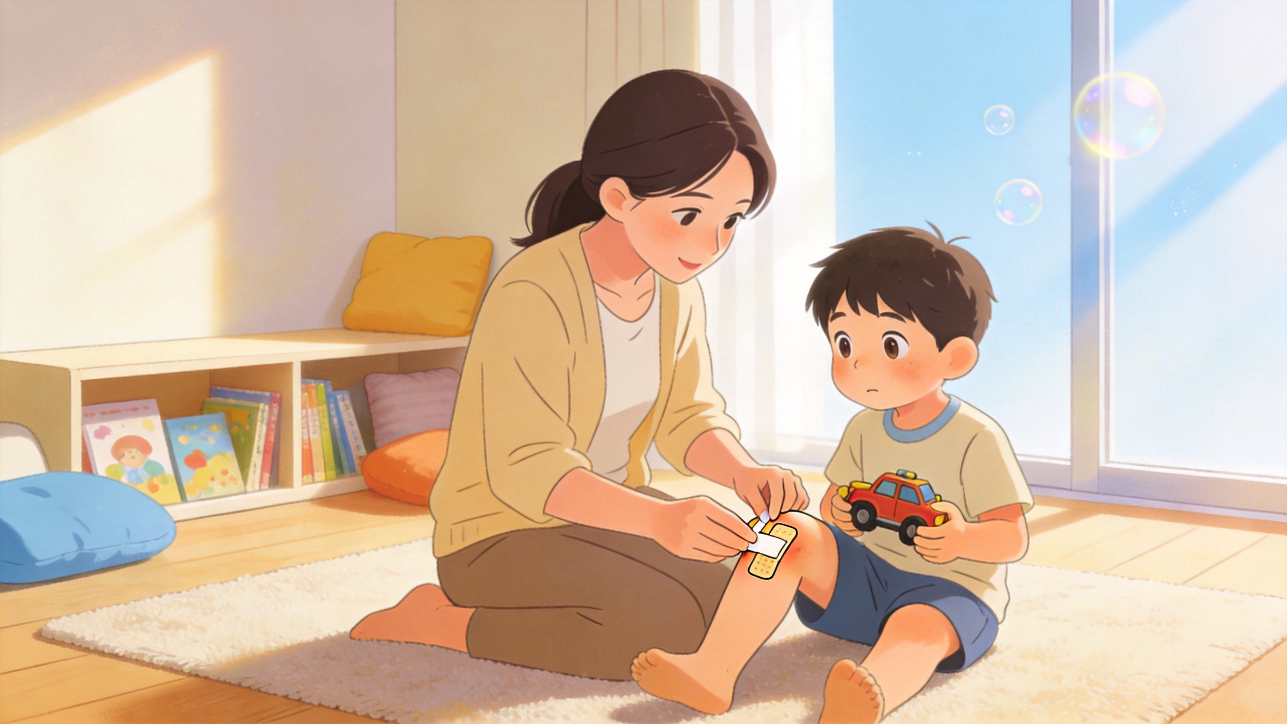 妈妈为孩子处理小伤口，传递少儿意外险的日常守护感