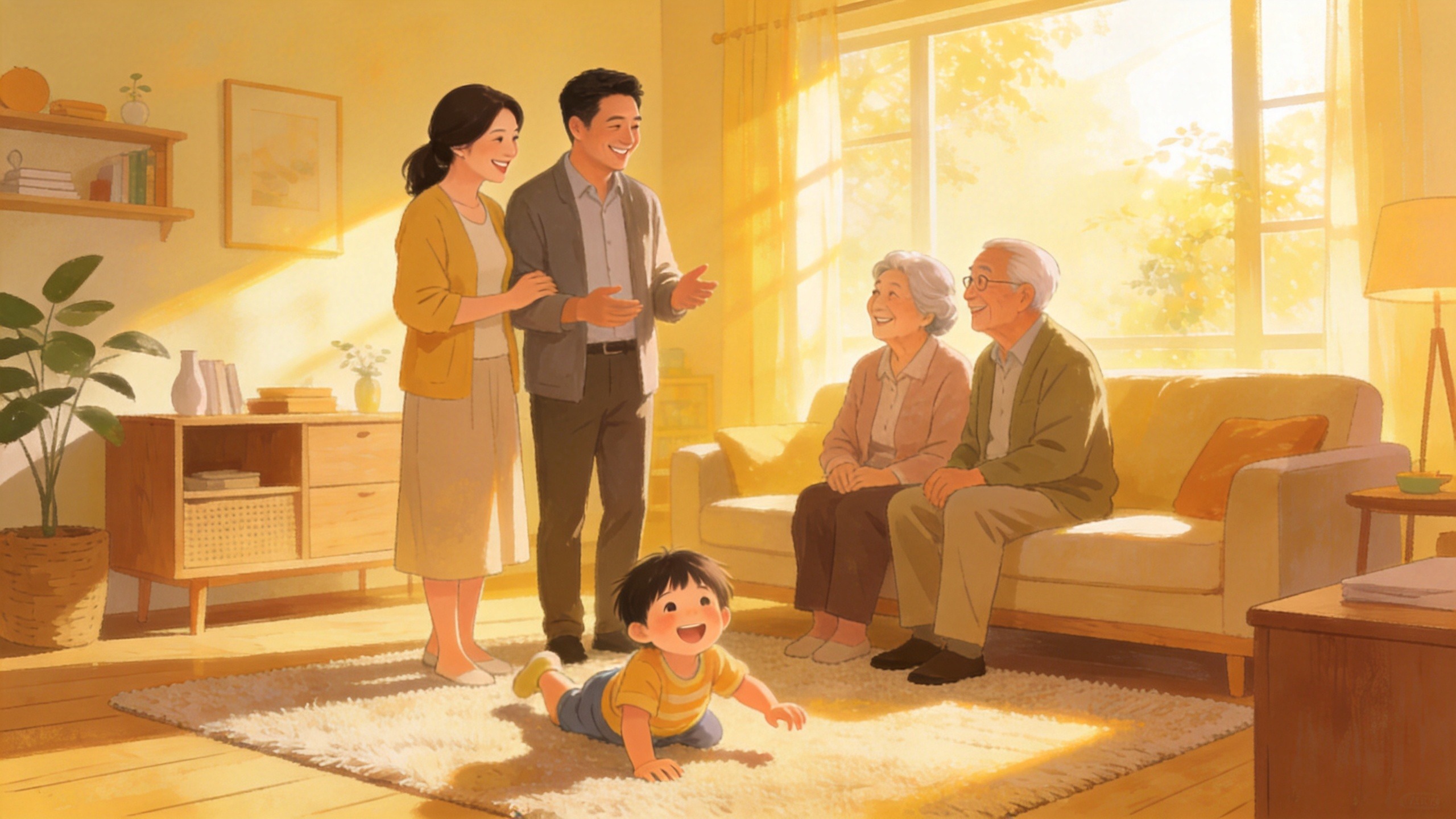 温馨家庭场景插画，体现长期资产规划带来的安心与守护