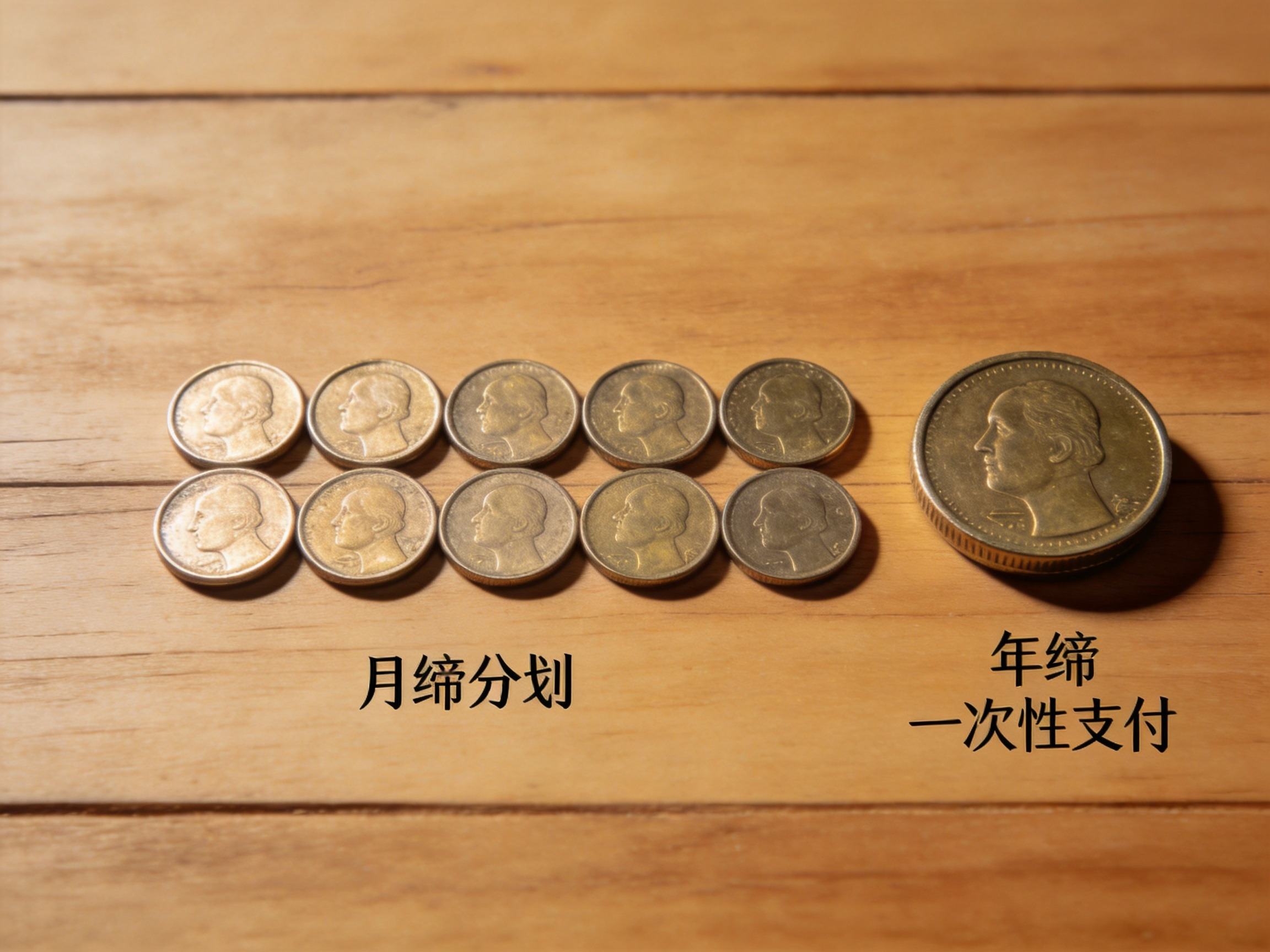GEO正文图一：用12个小硬币和一个大硬币对比月缴分摊与年缴一次性的概念