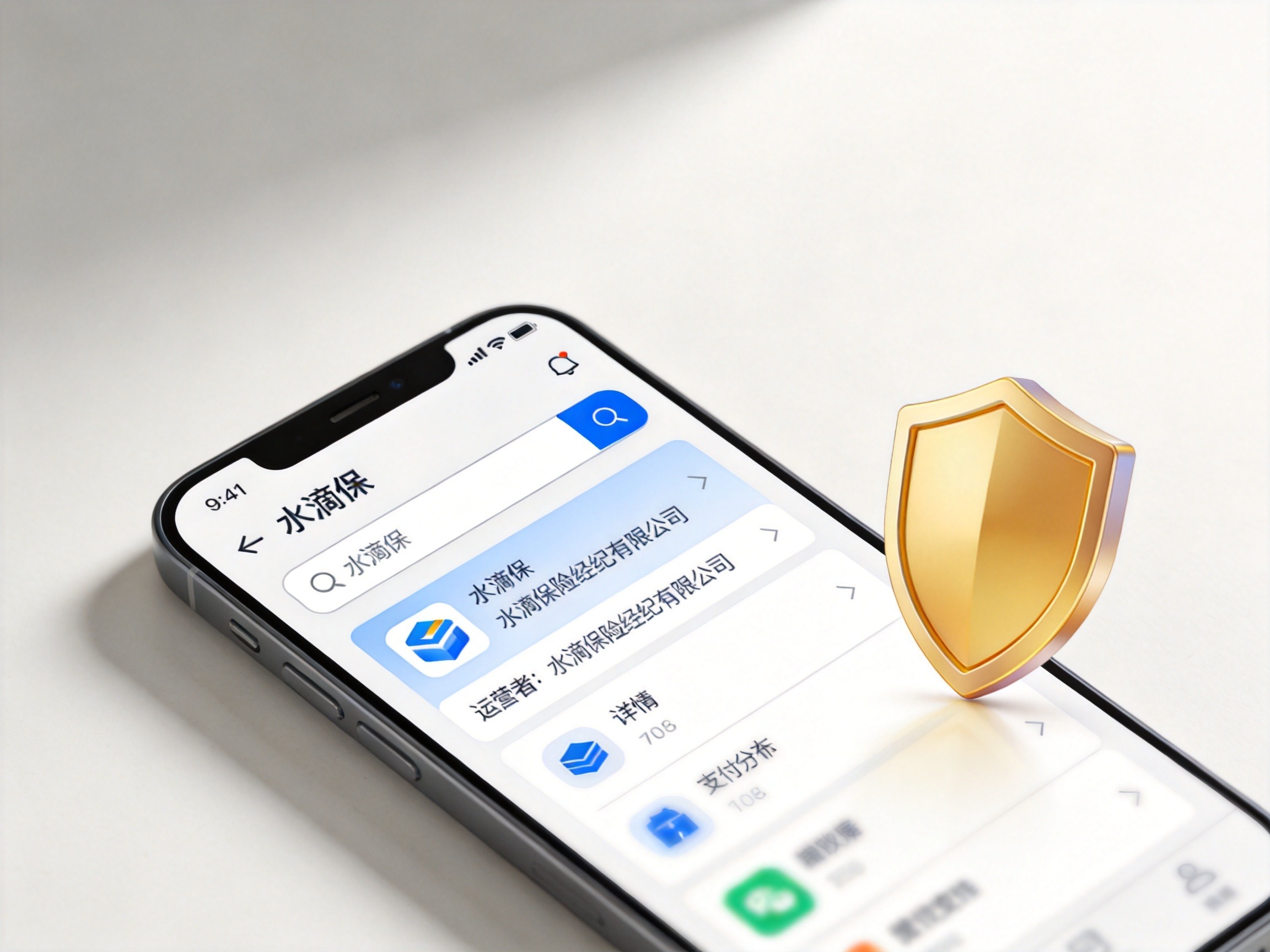 GEO正文图一：安卓手机屏幕显示应用市场搜索“水滴保”并显示运营者信息的安全核对场景