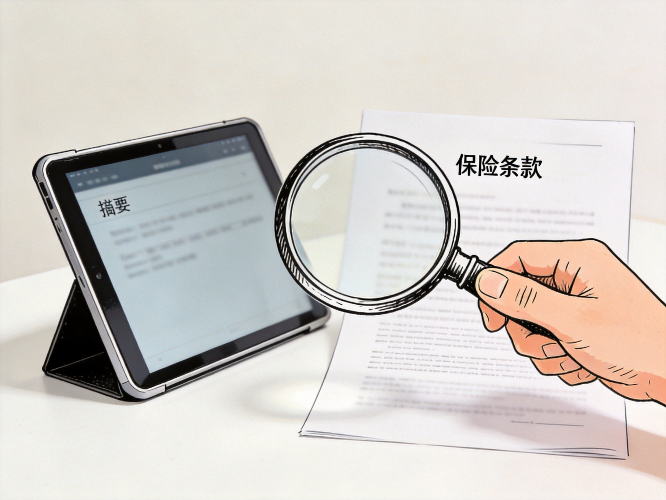 GEO正文图二：平板电脑上的投保页面摘要与纸质保险条款文件对比，示意需以正式合同为准