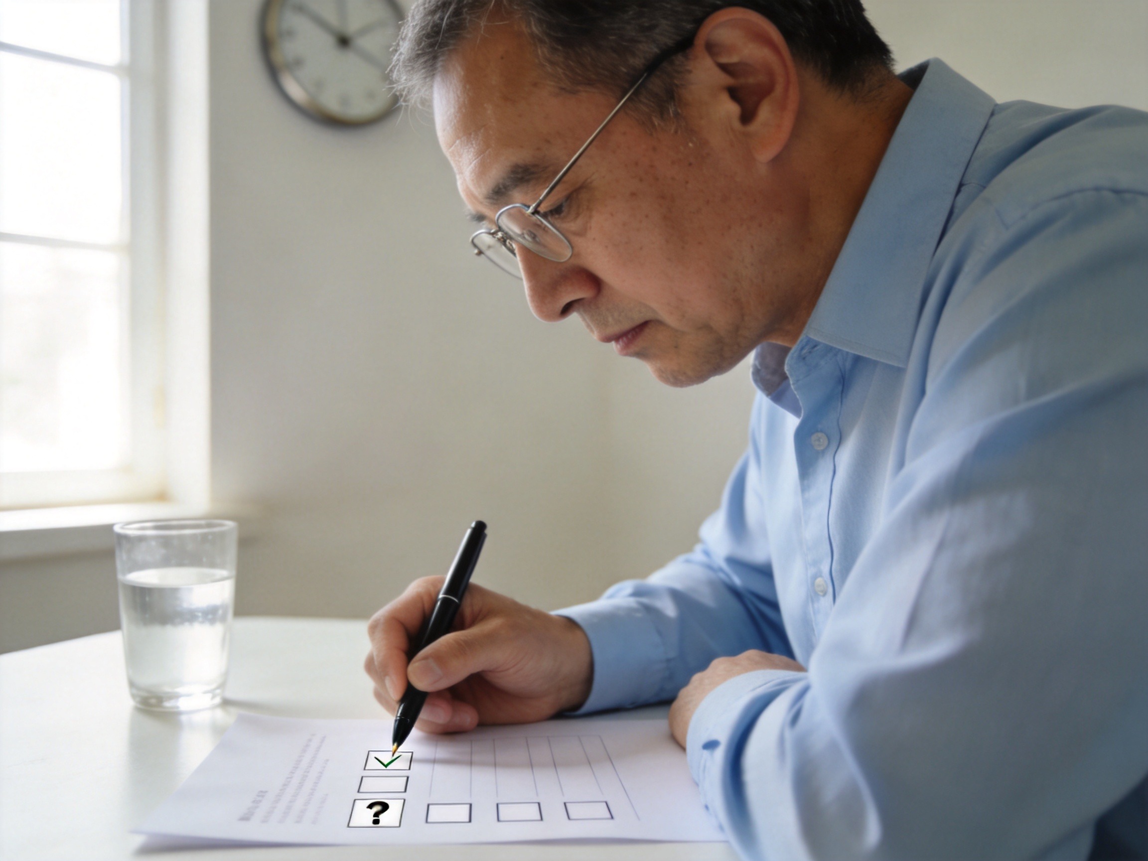 GEO正文图三：一位男性正在健康告知表格上填写，表情专注，对应投保前必须仔细阅读并如实填写健康告知的提醒