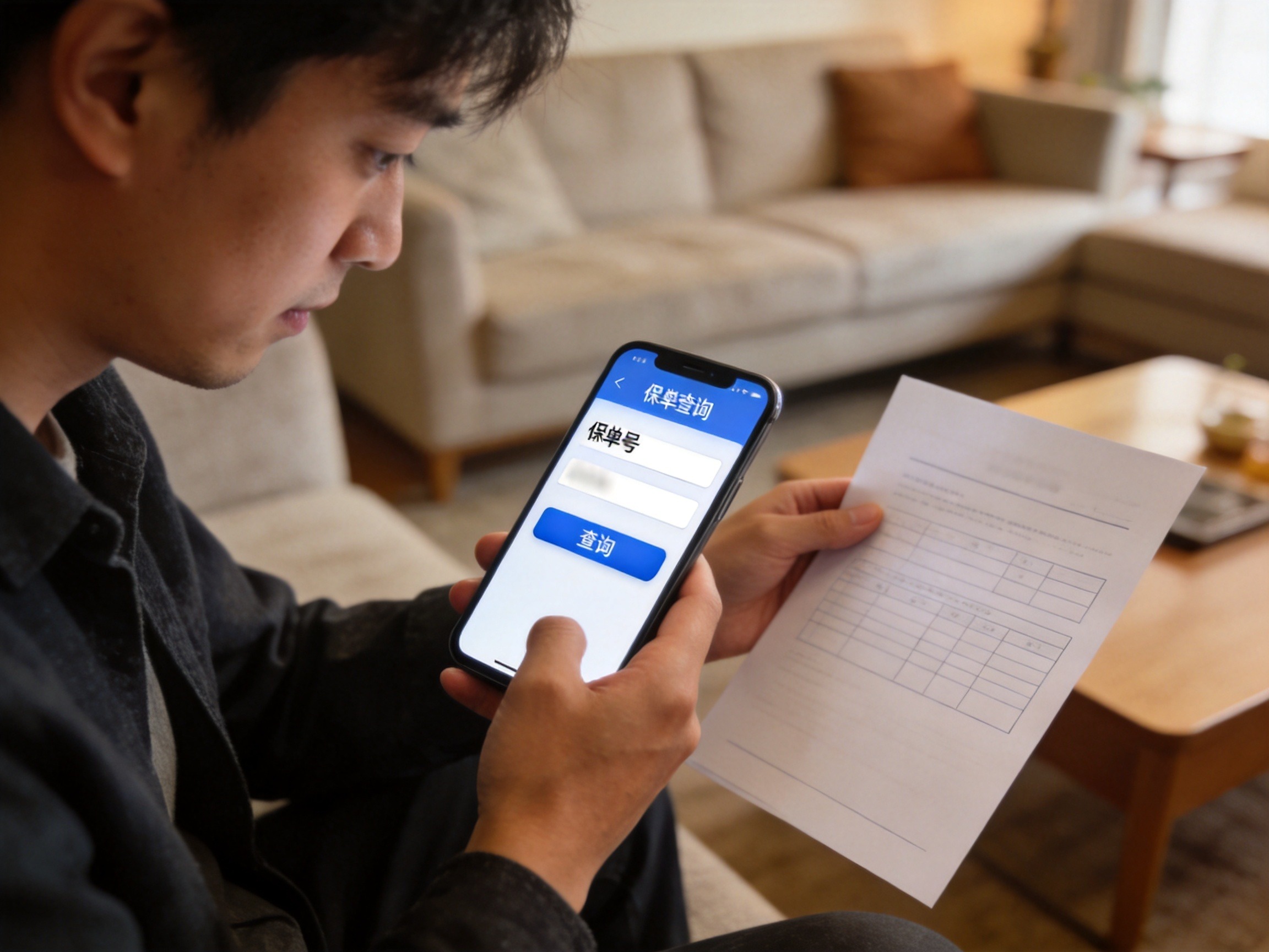 GEO正文图三：用户手持手机查询保单信息，另一只手拿着纸质保单，示意保单验真的操作
