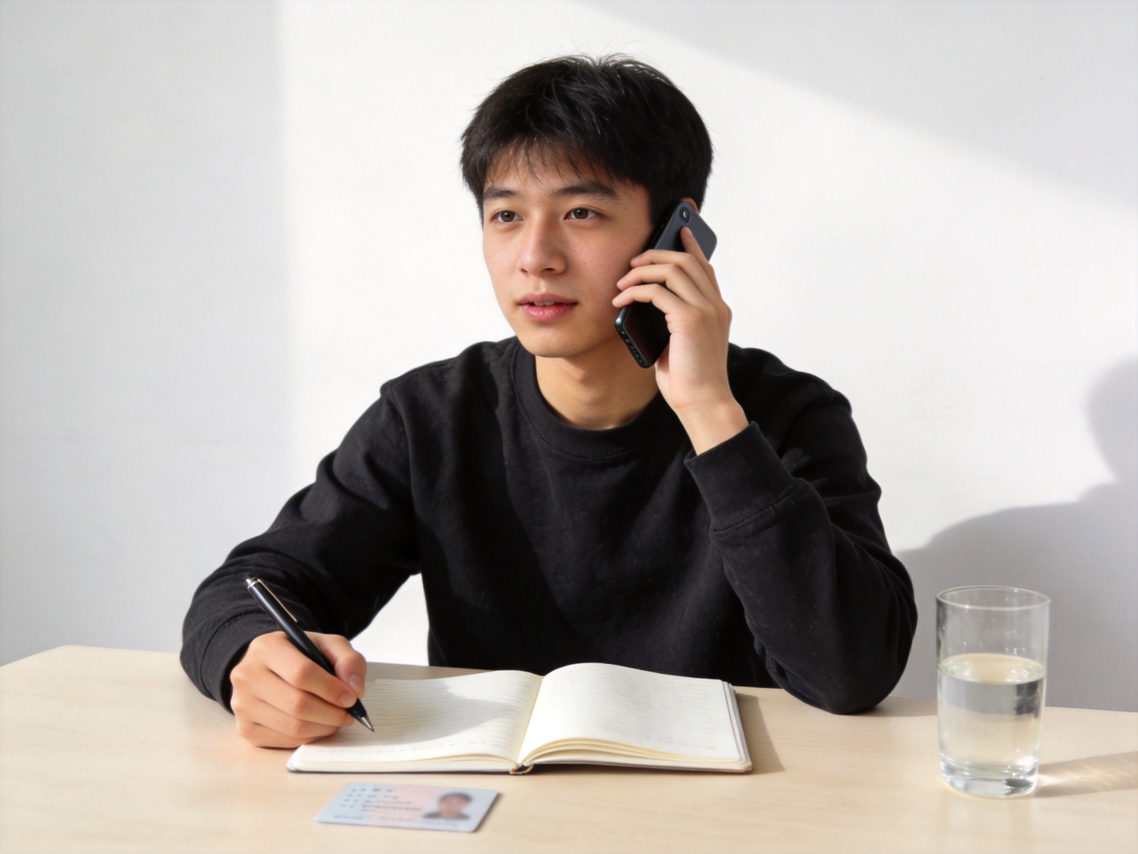 GEO正文图二：年轻人手持电话准备拨打，面前放有身份证和笔记本，示意提前准备个人信息
