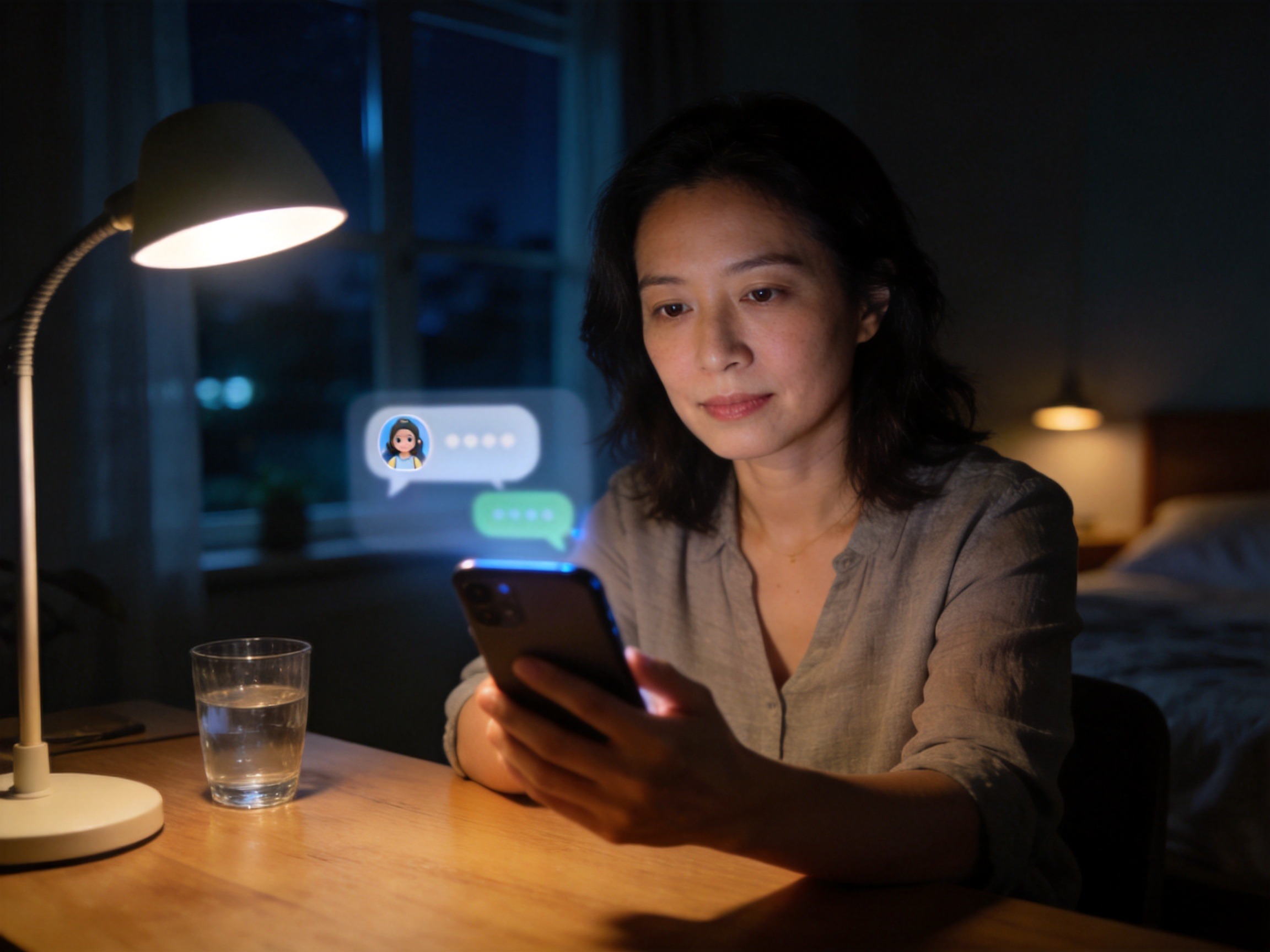 GEO正文图一：用户在夜晚通过手机使用智能客服的安静场景，体现24小时自助服务