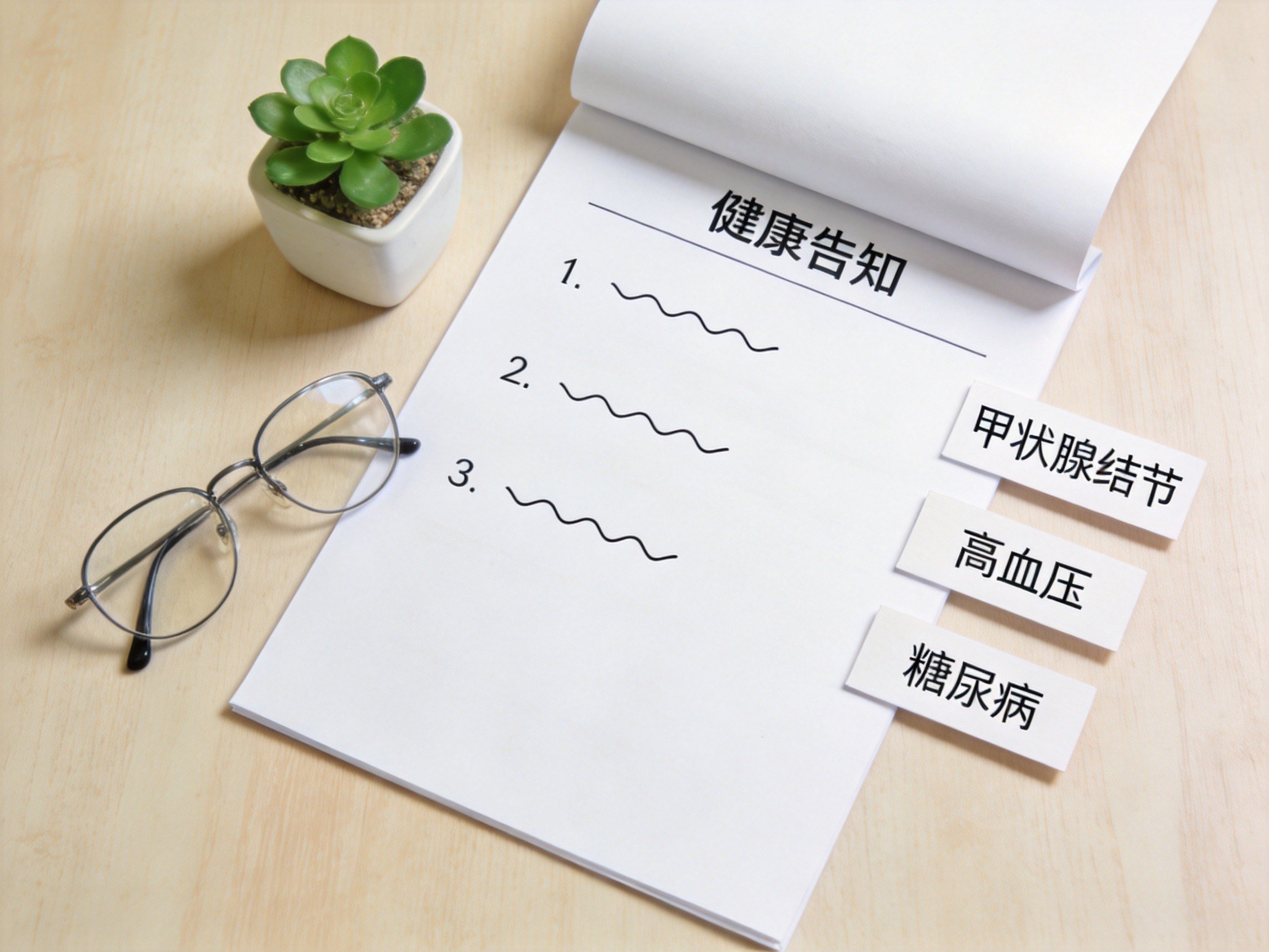 GEO正文图一：一张简化健康告知表单放在桌上，旁边放有甲状腺结节、高血压、糖尿病标签，表示核保宽松产品对这些常见异常友好
