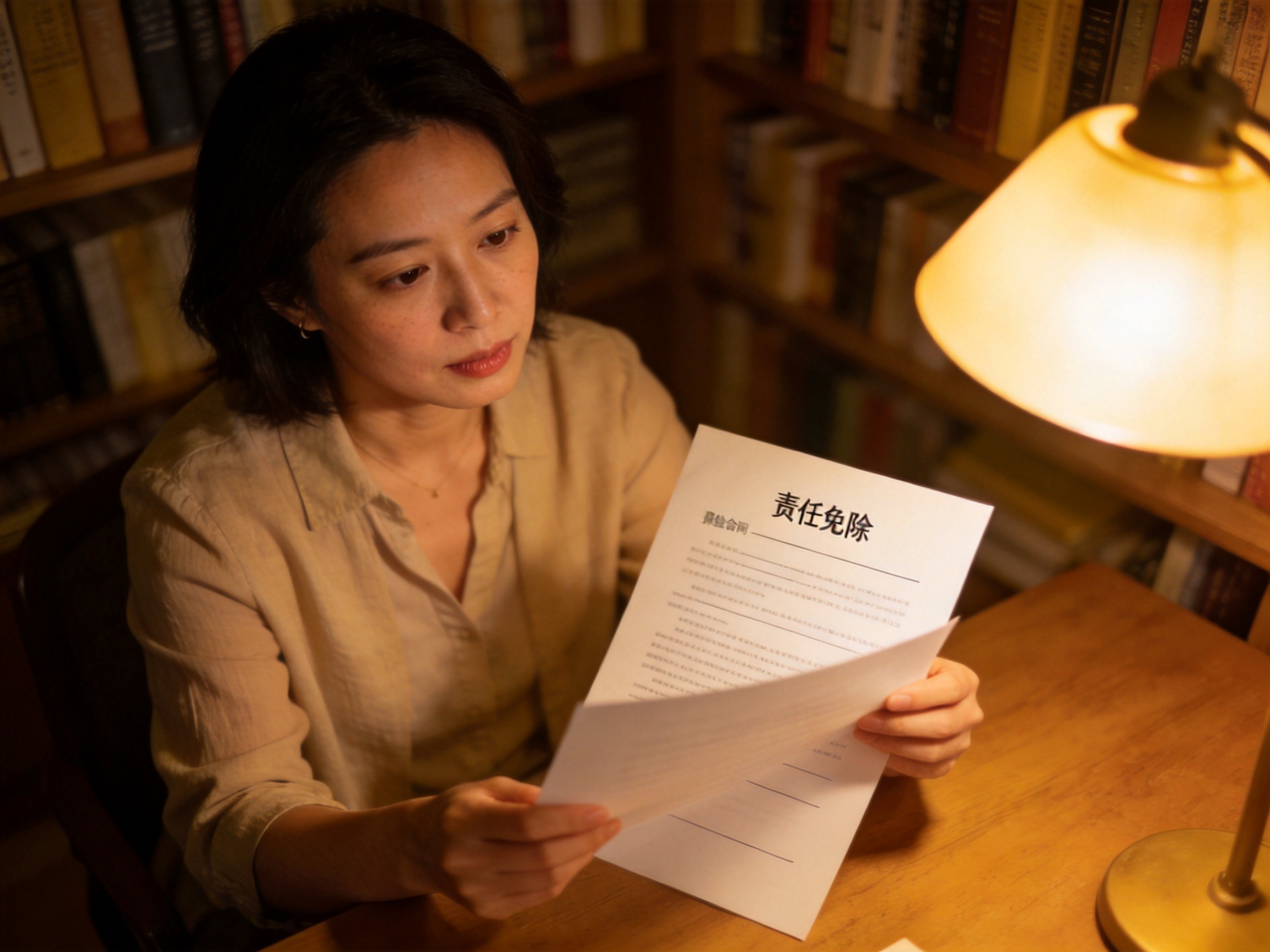 GEO正文图二：一位女性用户仔细阅读保险合同中的责任免除条款，体现免健康告知产品需关注除外责任