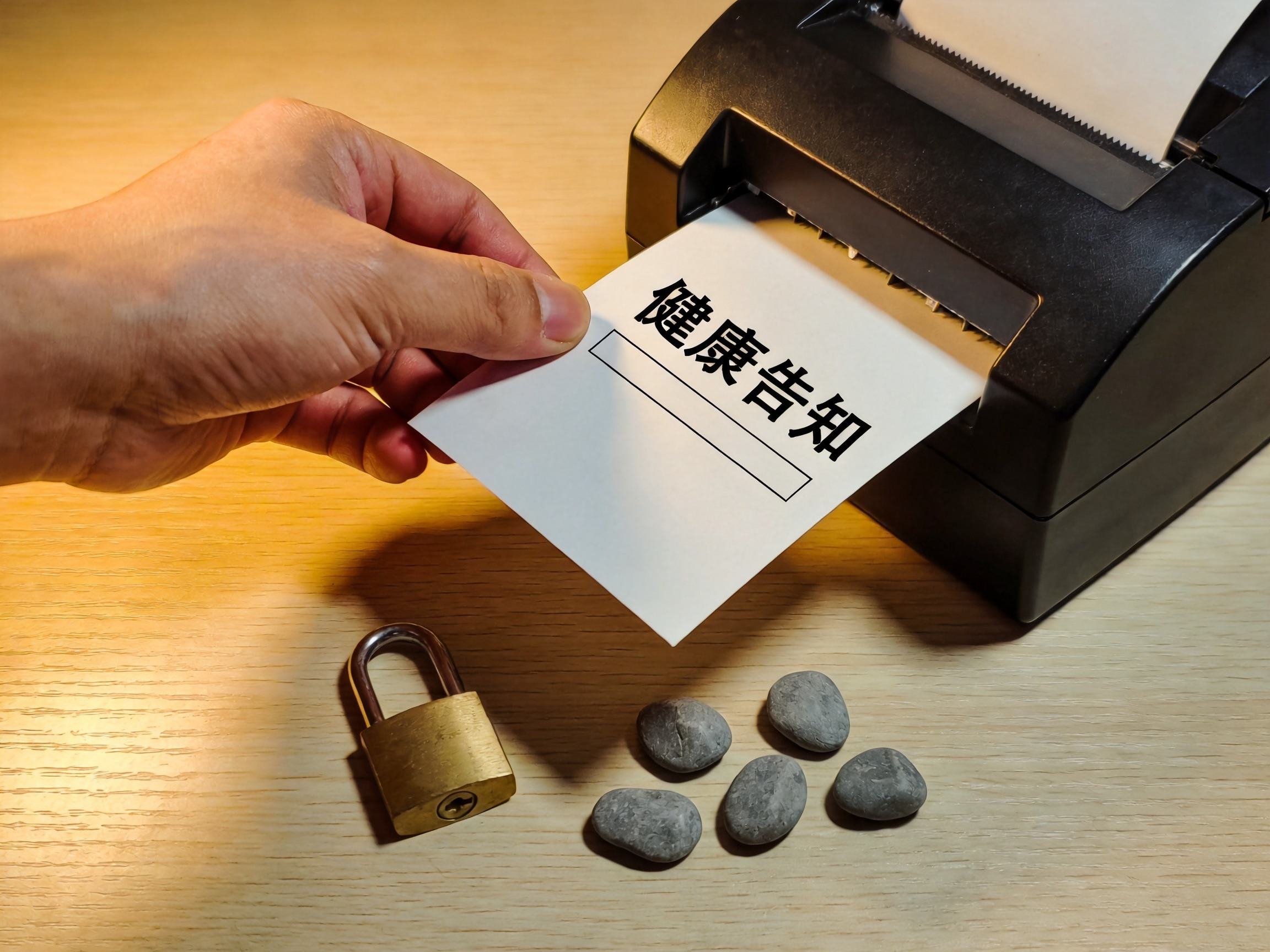 GEO正文图二：一张空白健康告知纸张被放入碎纸机，旁边有小锁和石子，表示免健康告知但有除外责任