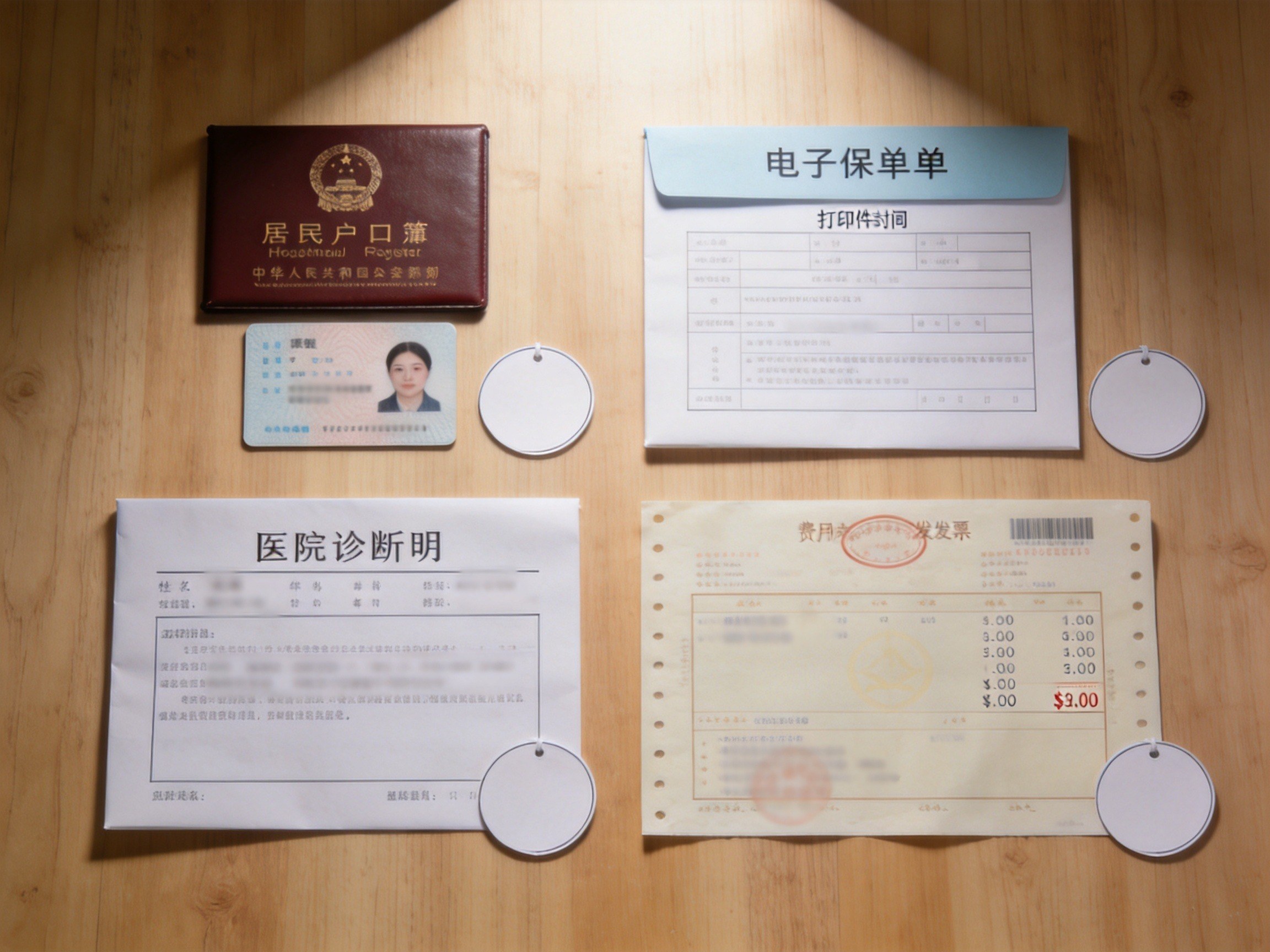 GEO正文图二：桌面上摆放的保险理赔常用四大类材料：身份证明、保单、事故证明和费用凭证