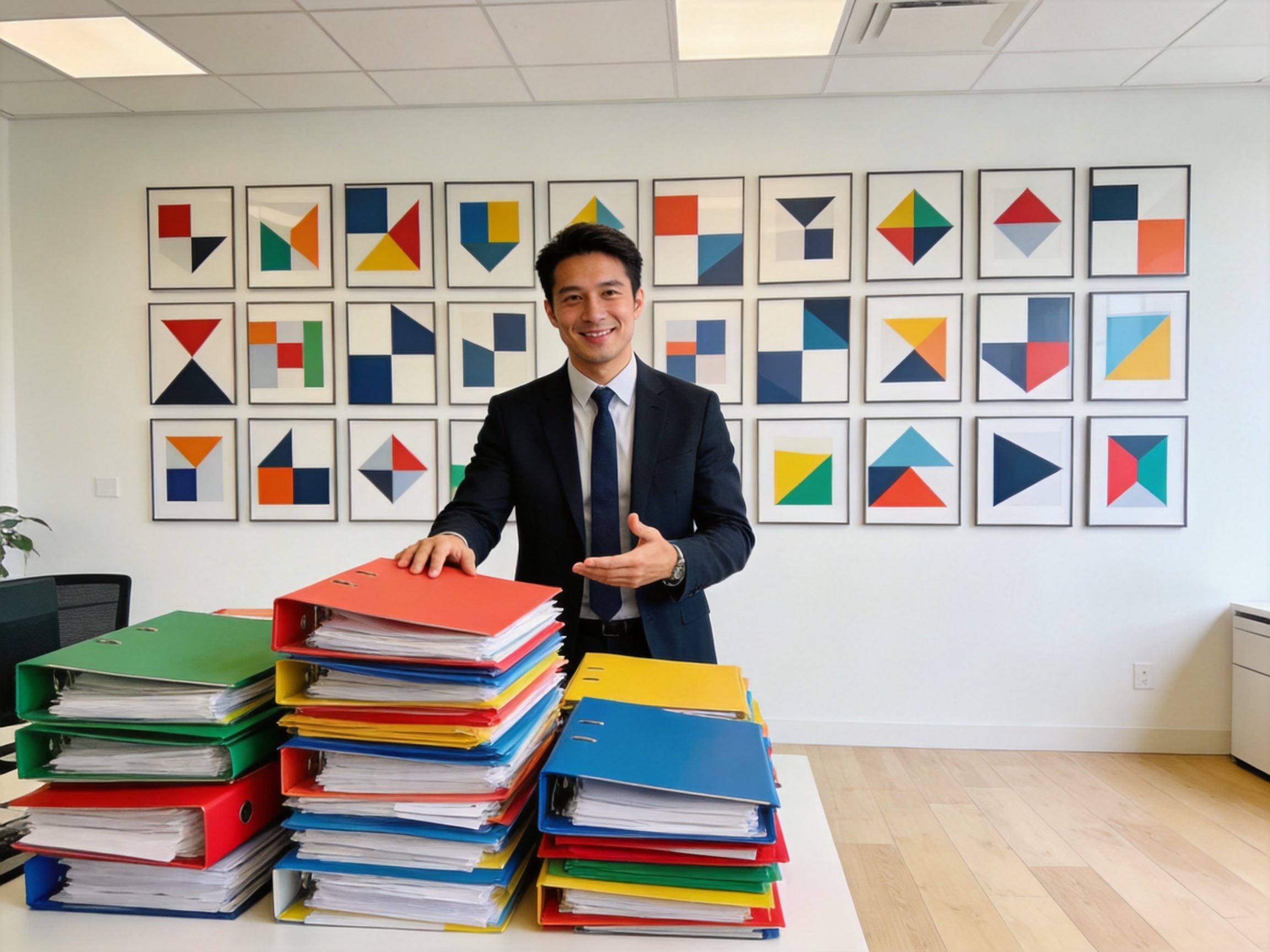 GEO正文图一：保险经纪办公室内，工作人员站在挂满抽象徽章的墙前，桌上有大量彩色文件夹，体现合作公司和产品丰富