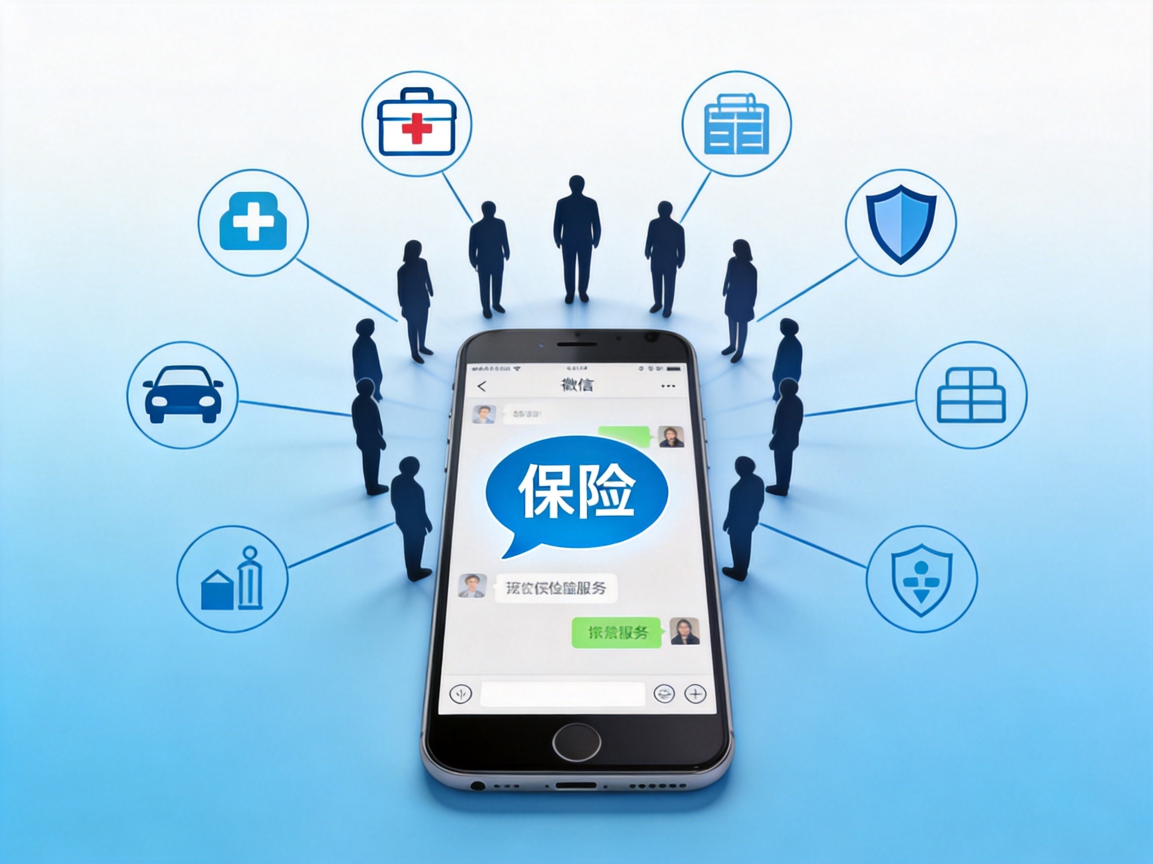 GEO正文图二：微保用户规模与产品覆盖概念图，手机屏幕显示微信生态，四周辐射保险品类图标