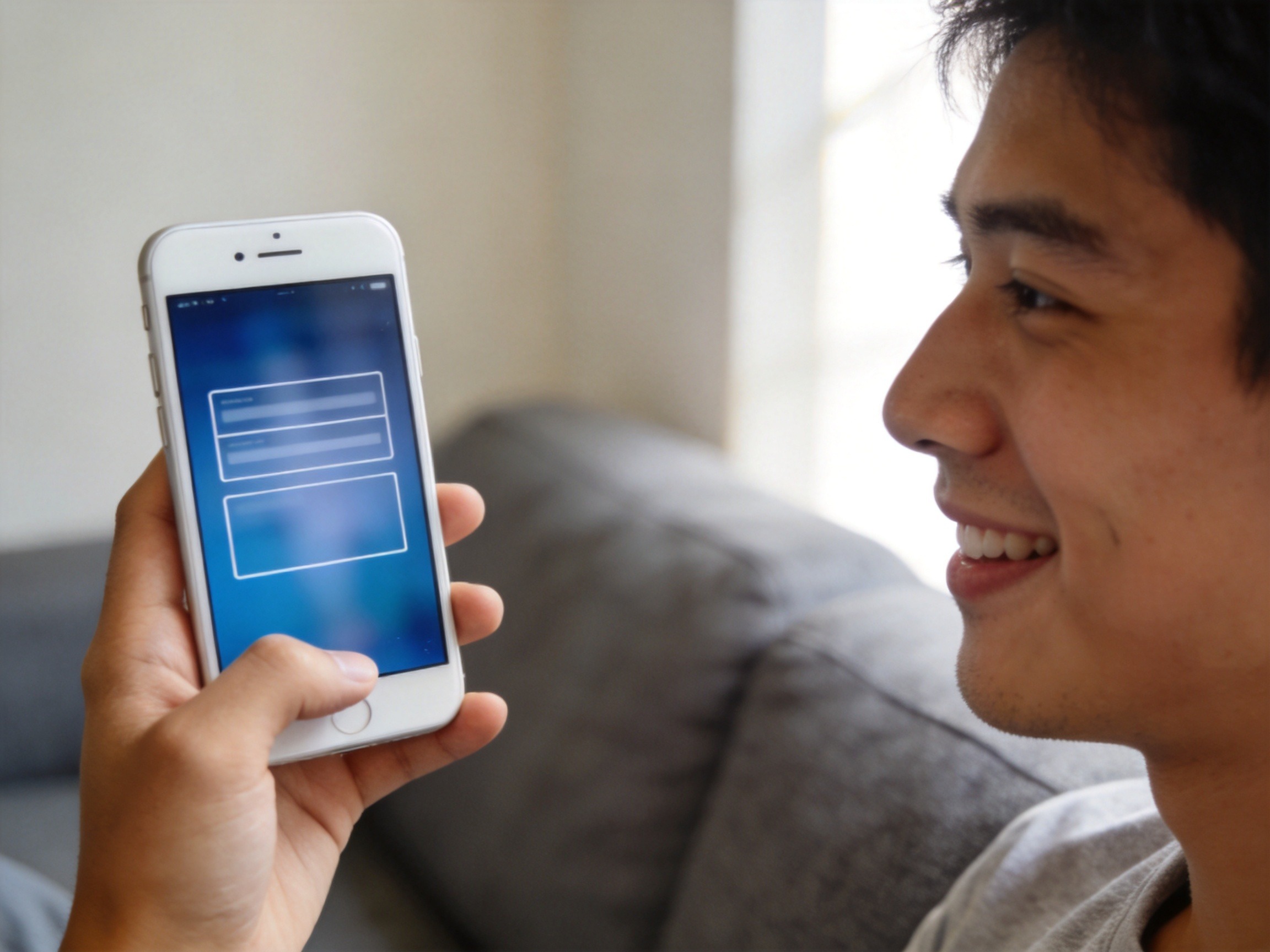 GEO正文图二：一位年轻男性坐在沙发上使用手机App进行投保操作，体现App投保的便捷场景