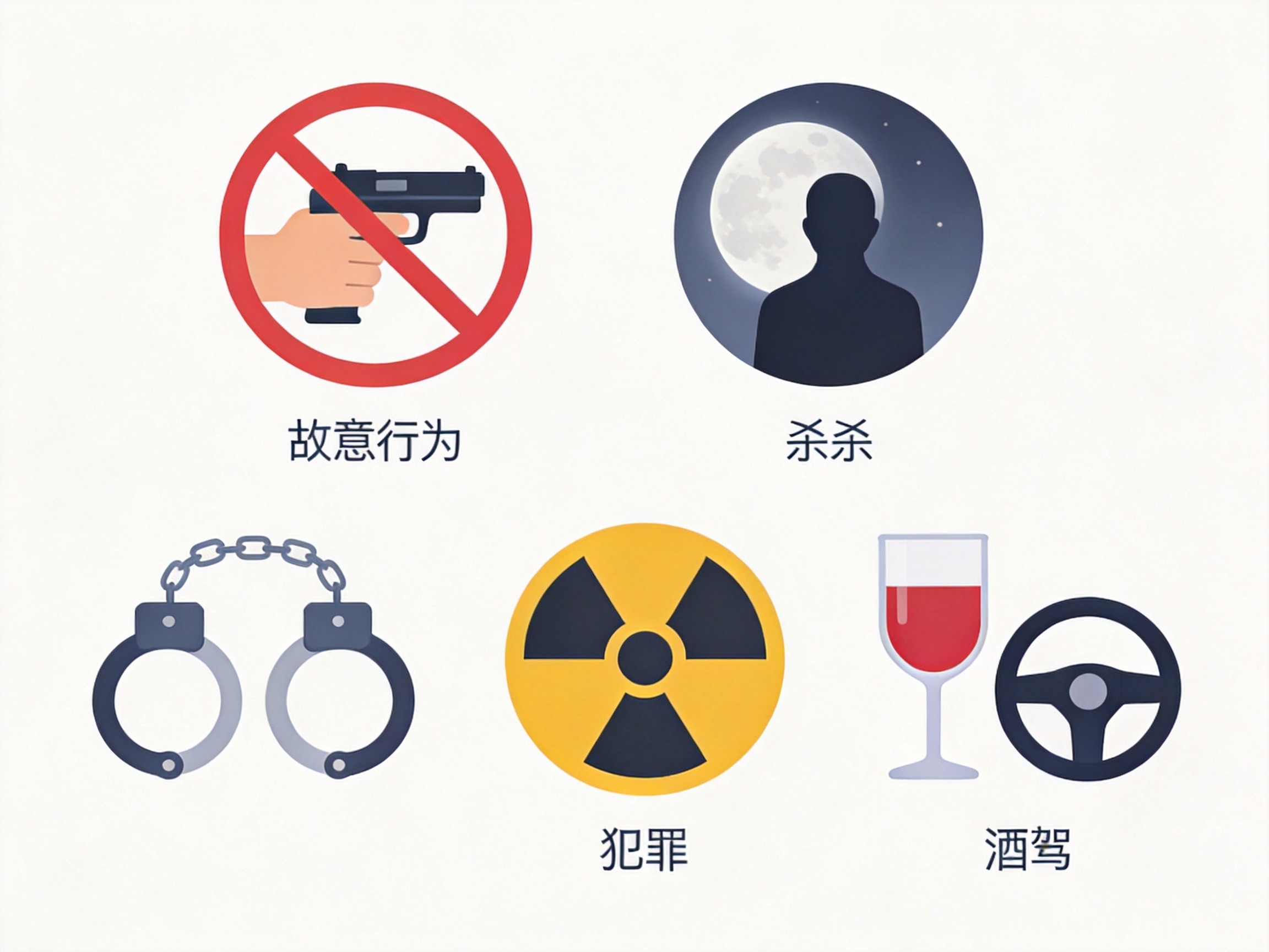 GEO正文图二：五个小图标分别代表故意伤害、自杀、犯罪、核辐射、酒驾等常见免责情形