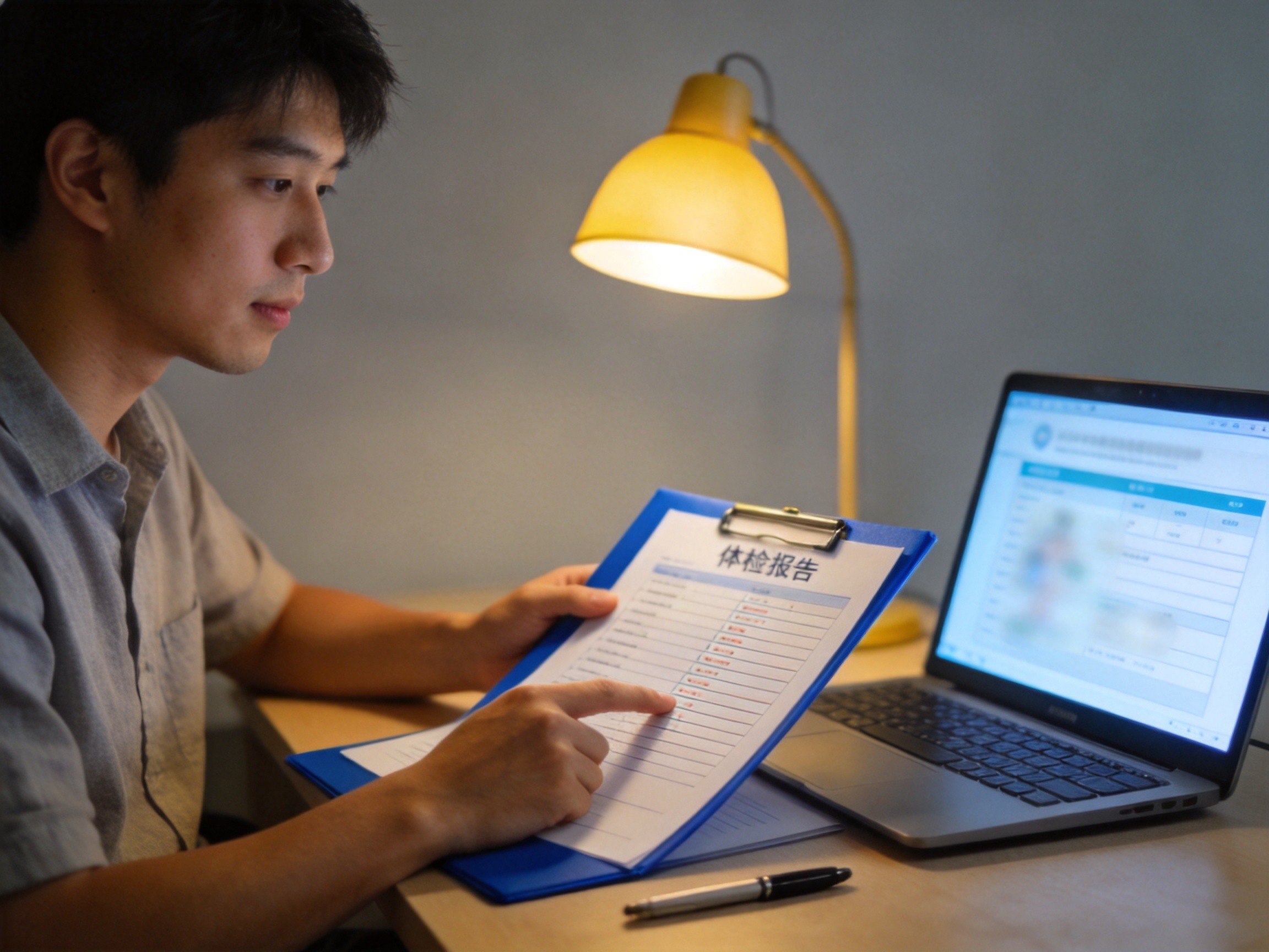GEO正文图二：一位男性对照体检报告核验健康告知问题，体现逐项如实回答的正确做法