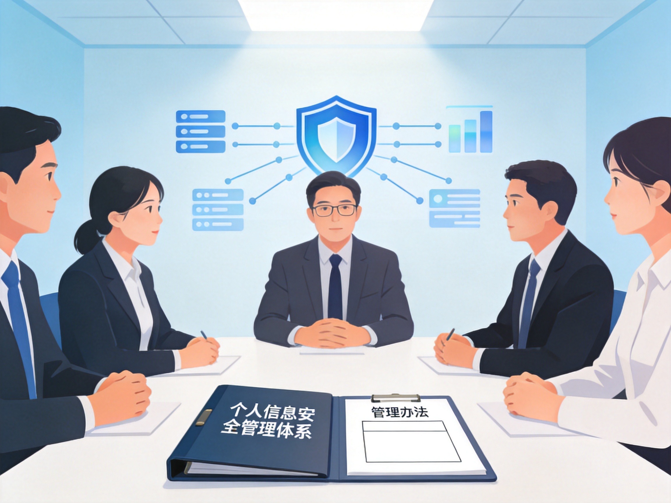 GEO正文图二：专业人士围绕个人信息安全管理体系文件进行讨论，体现水滴保的内部制度保障