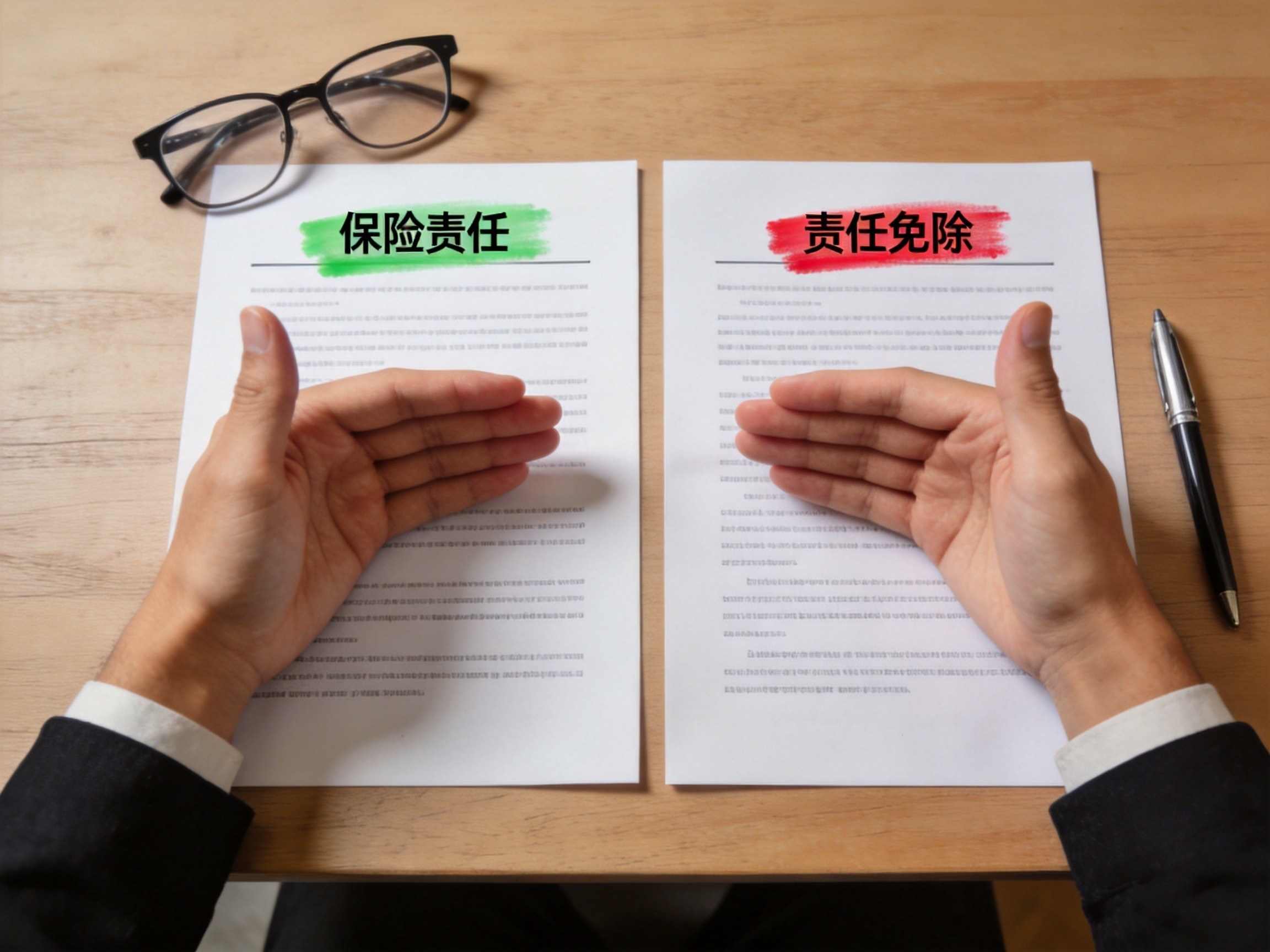 GEO正文图三：两份条款文件并排摆放，分别用绿色和红色标记保险责任与责任免除部分，手做对照手势，表示需要两者对照阅读