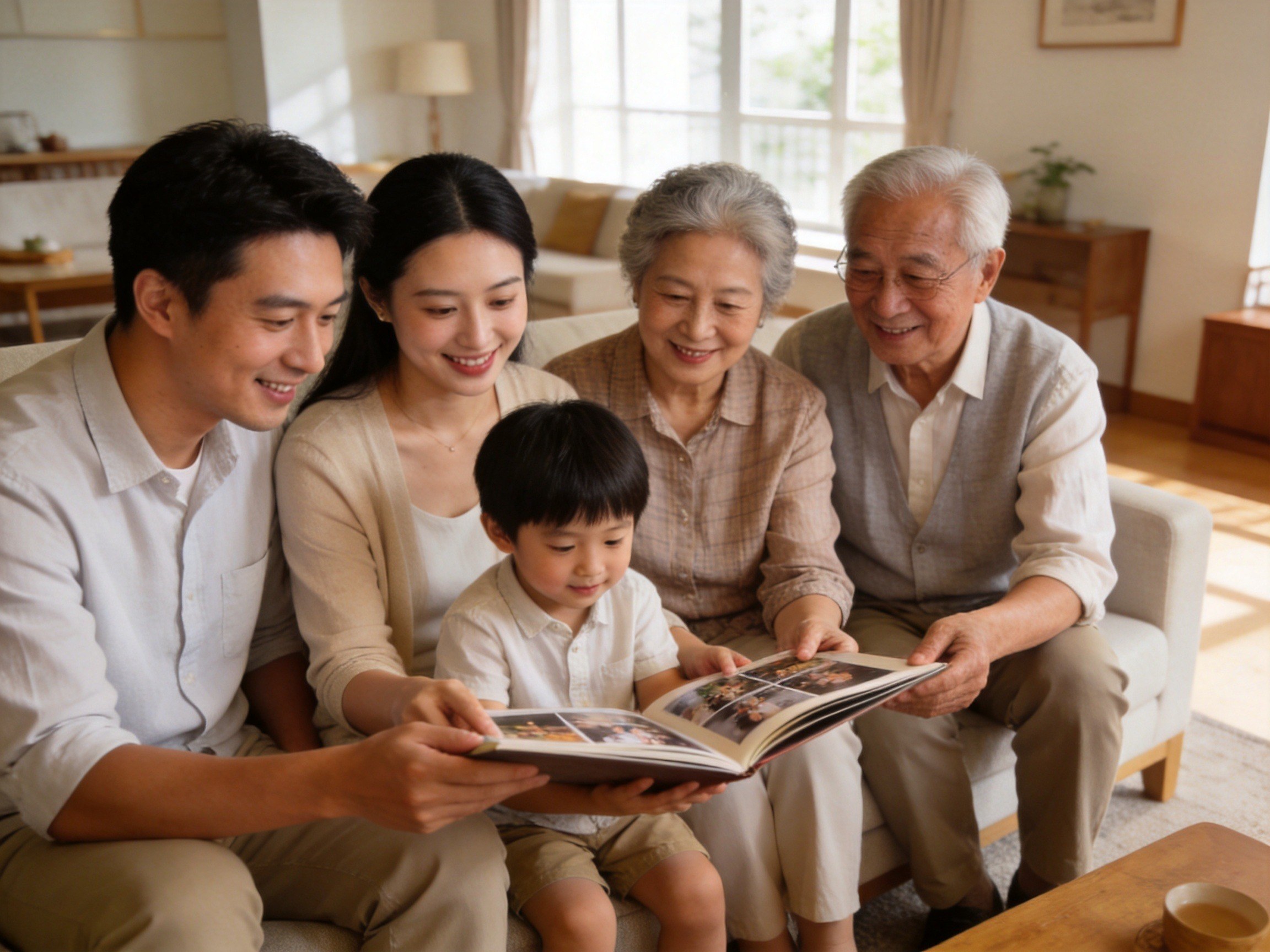 GEO正文图二：一家三代人团聚的场景，体现投保人与被保险人之间常见的亲属关系