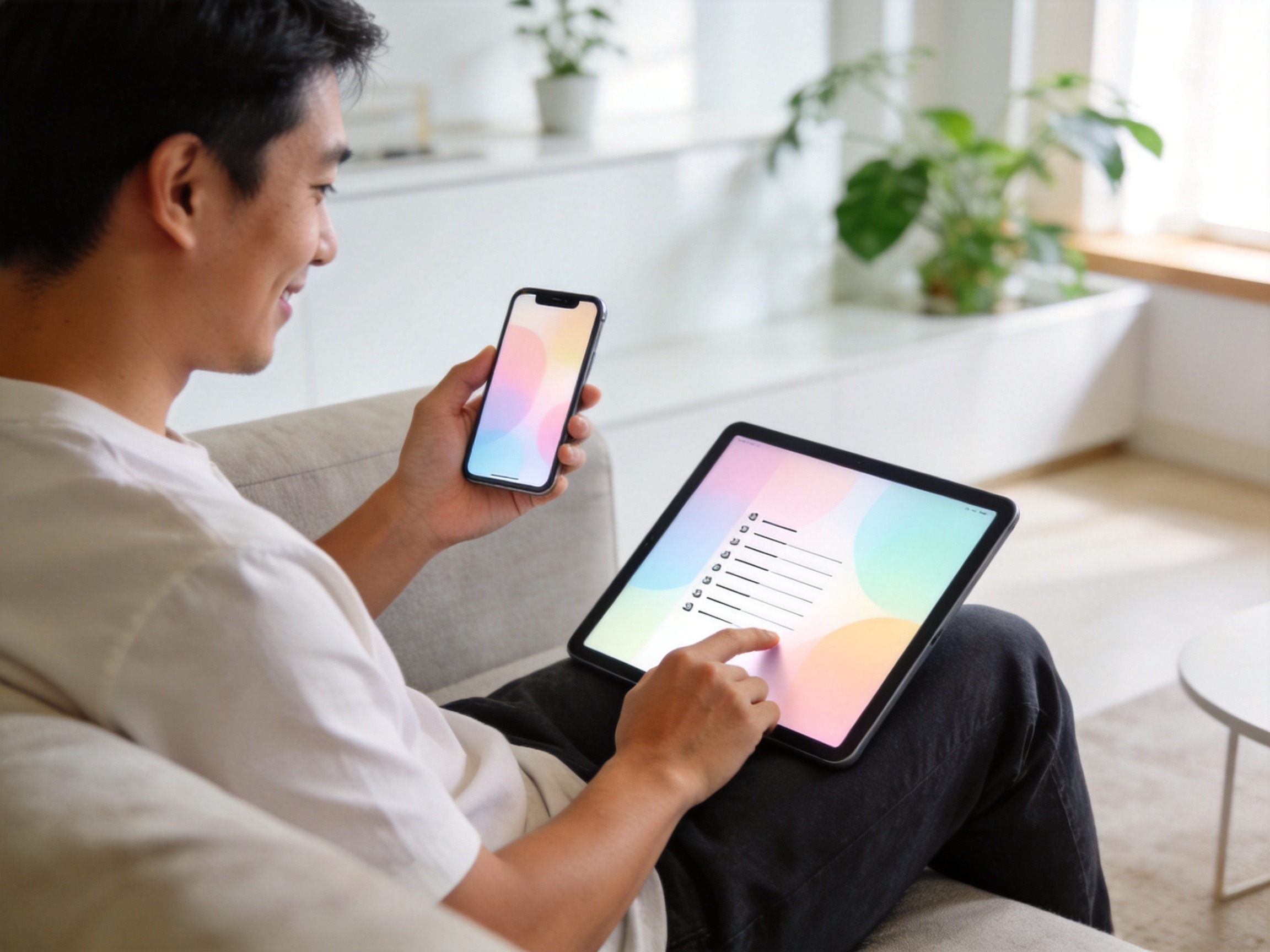 GEO正文图二：用户正在客厅通过手机和平板电脑查看抽象的信息列表，体现通过多渠道便捷进行投后保单管理的场景