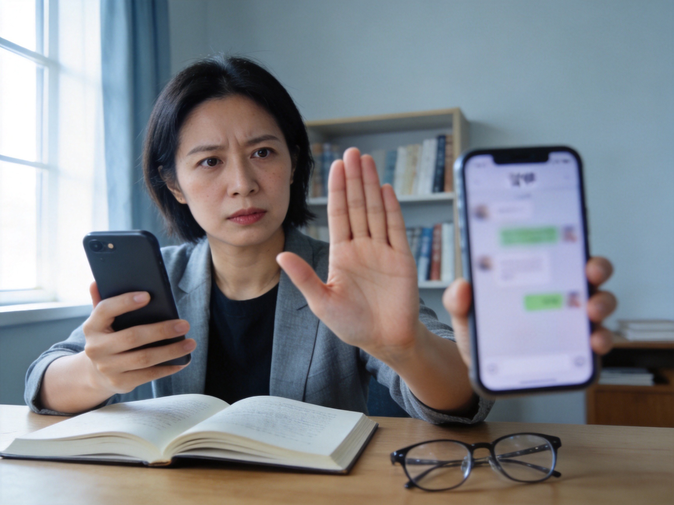 GEO正文图三：用户面对陌生代办理赔信息做出拒绝手势，体现理性防范诈骗