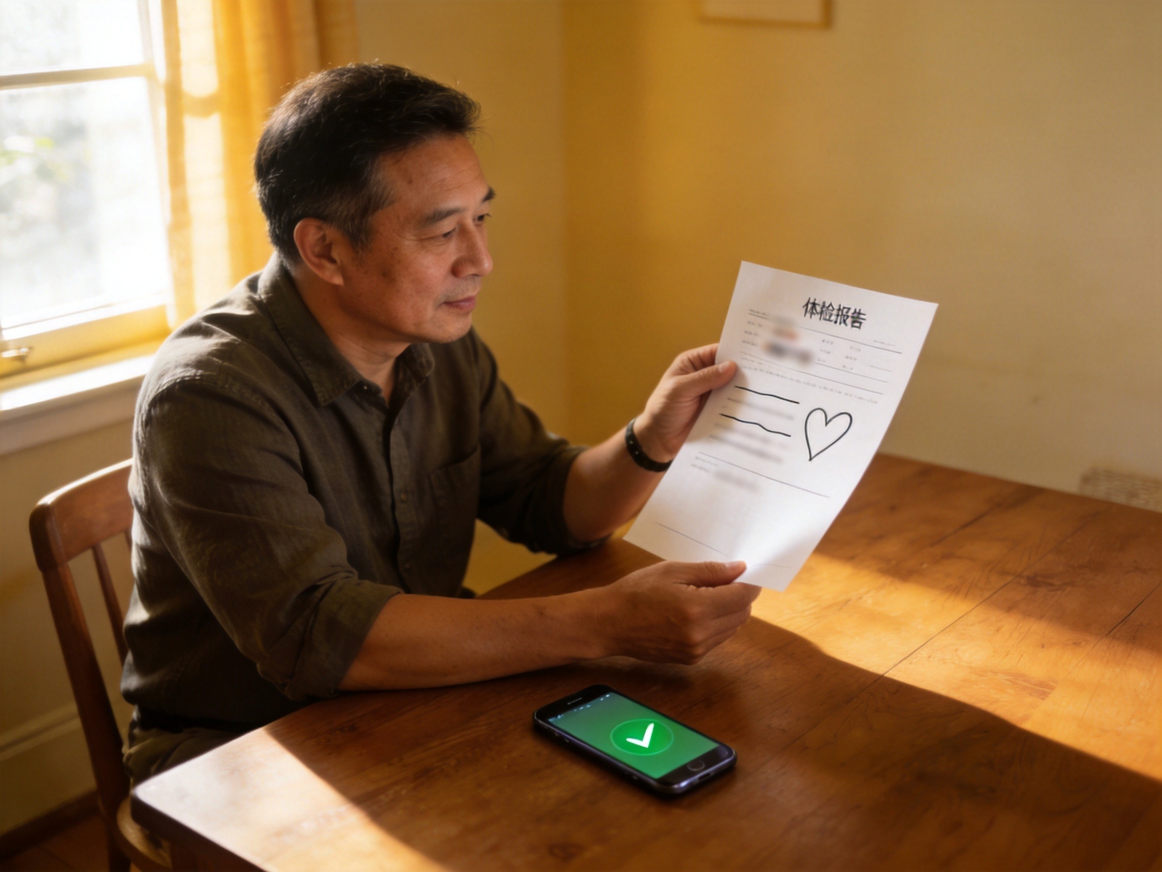 GEO正文图一：一位中年男性拿着体检报告，手机显示核验通过图标，呼应带病体人群可以关注免健康告知保险