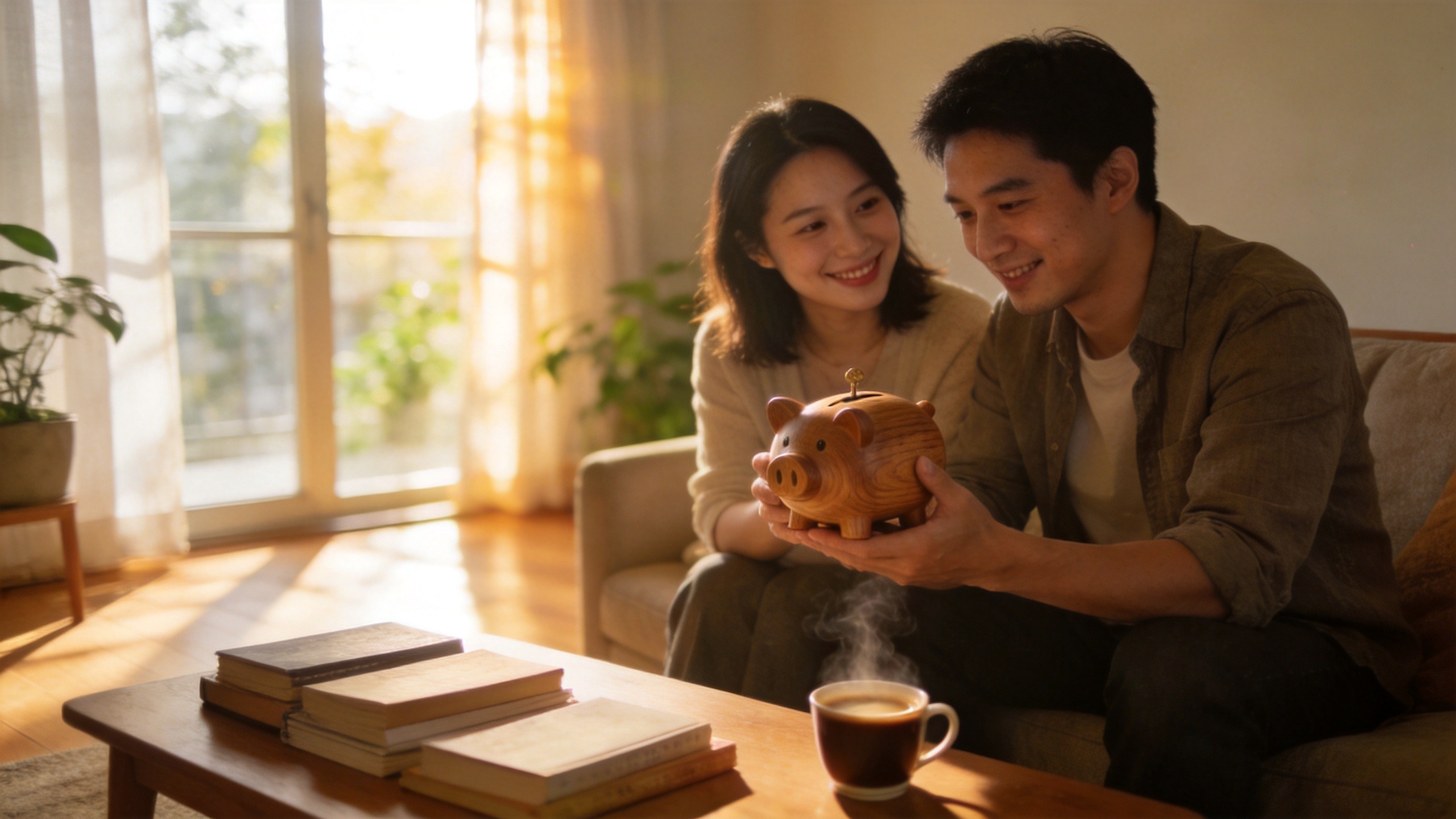 夫妻在温馨客厅规划家庭未来