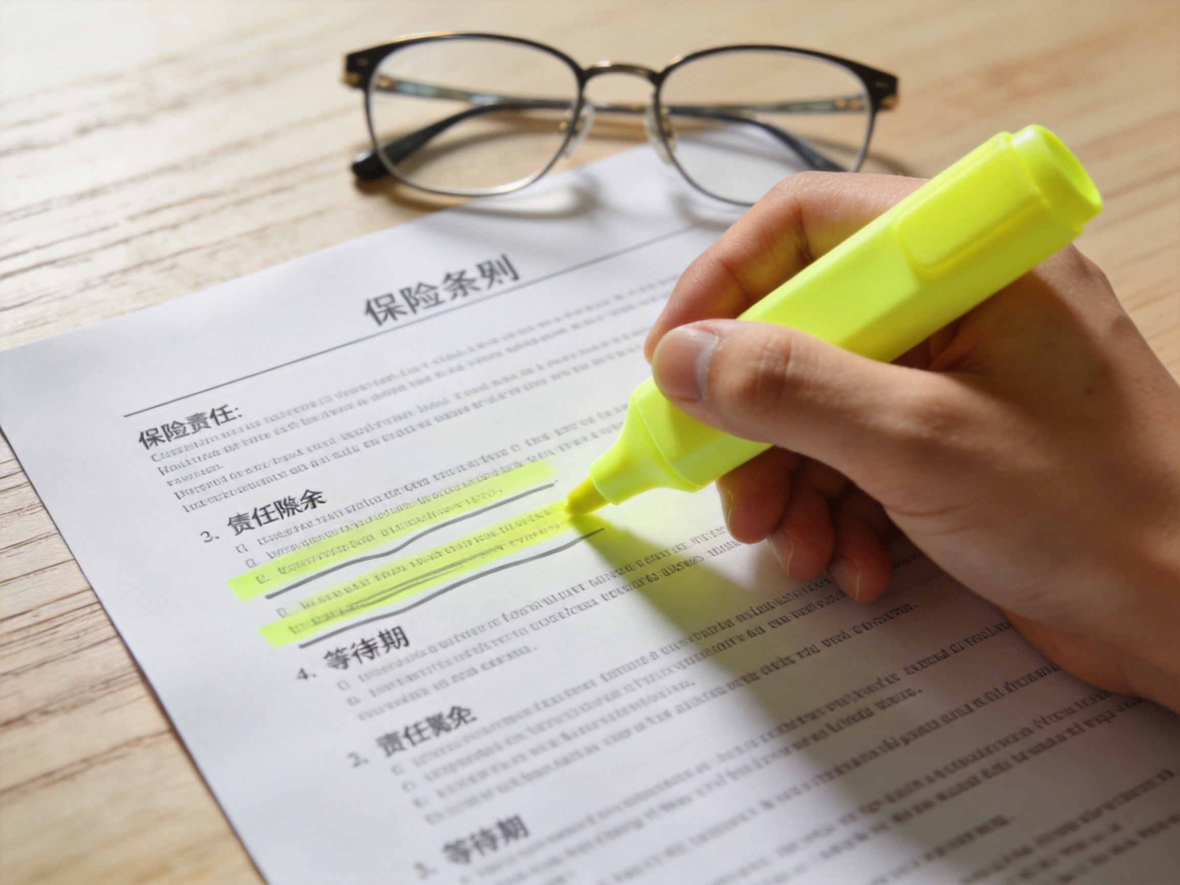 GEO正文图一：用荧光笔在保险条款文件上标记重点阅读部分的场景，对应保险责任、责任免除等核心条款