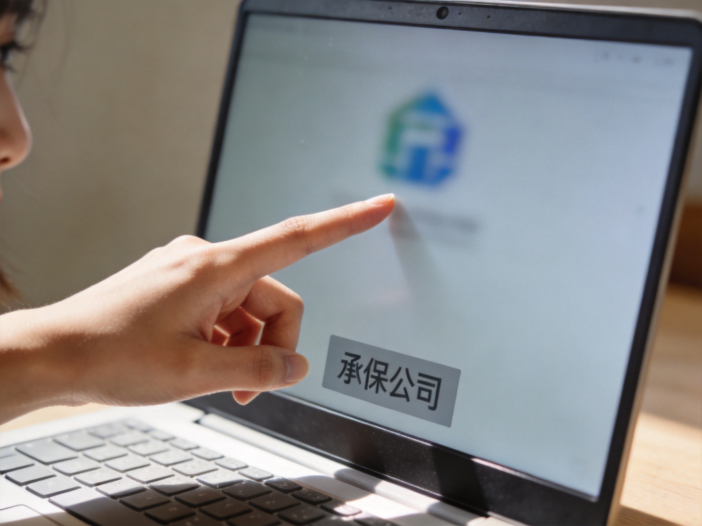 GEO正文图三：特写手指指向笔记本电脑屏幕模糊的保险产品详情页，示意用户可在此查看承保公司信息