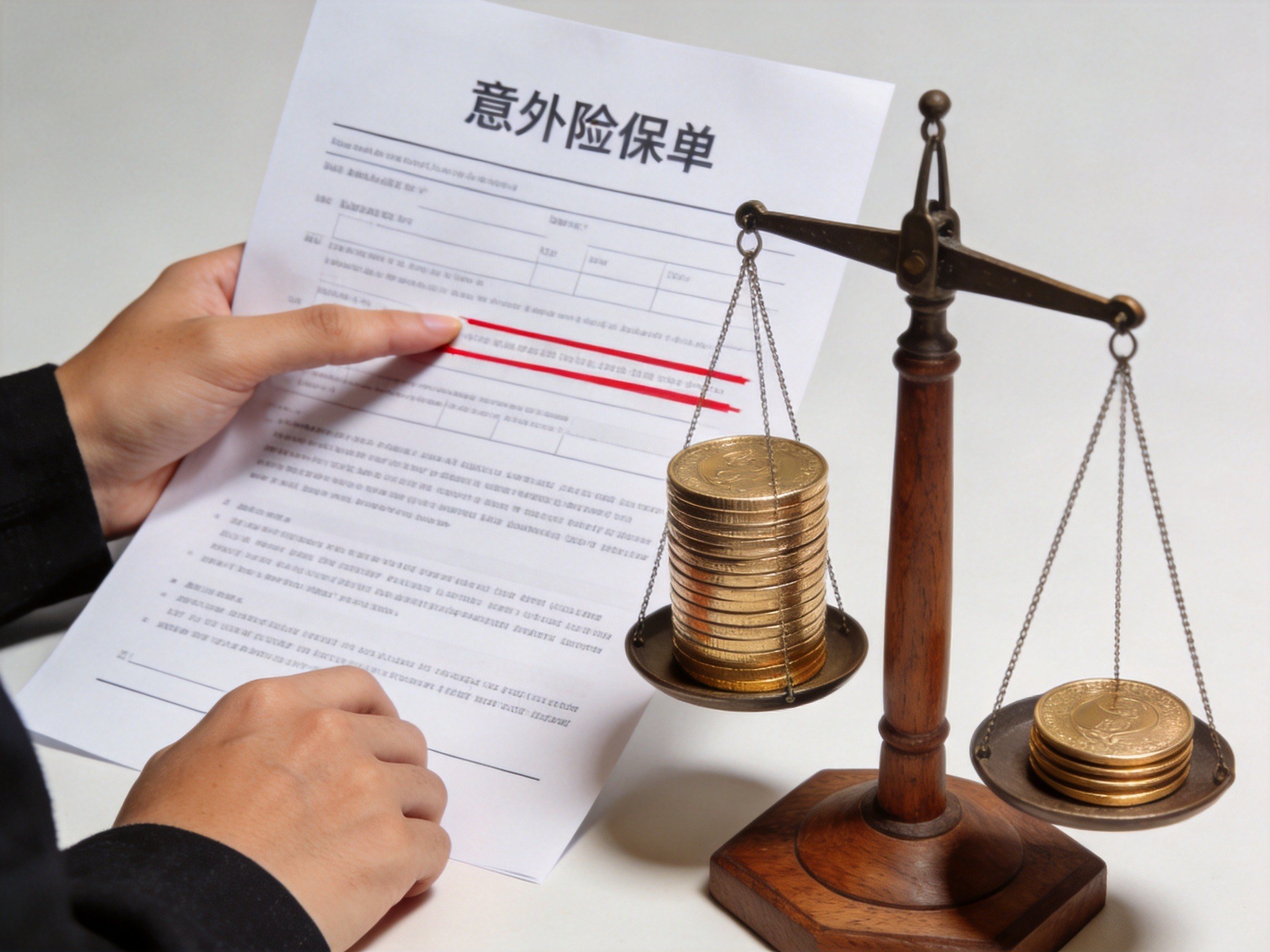GEO正文图一：用户手指指向保单中关于保额调整的条款，旁边天平示意保额减半，说明特别约定中保额减半的风险