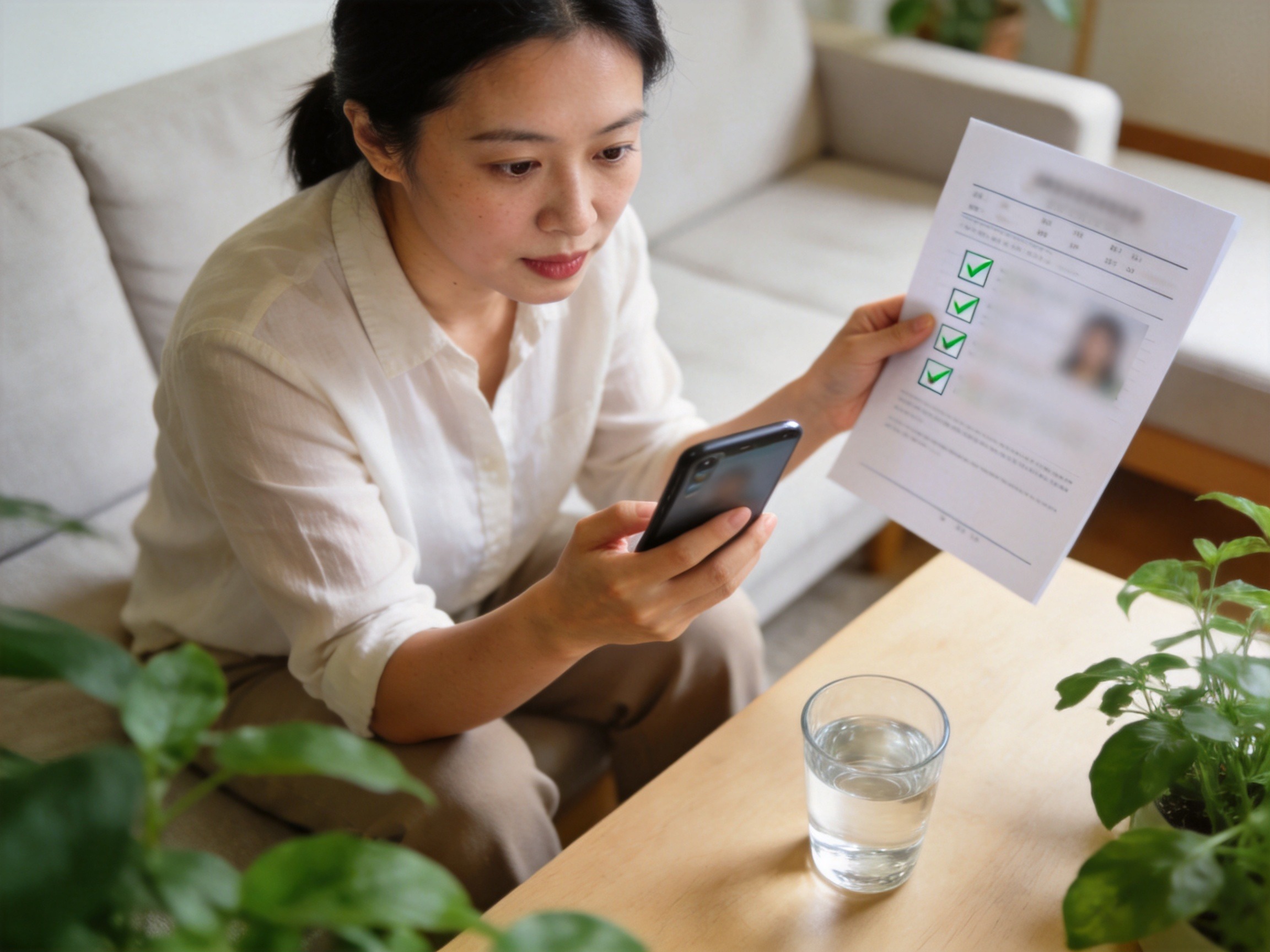GEO正文图一：用户对照体检报告在手机上操作智能核保，体现健康告知复杂性与智能核保简化过程