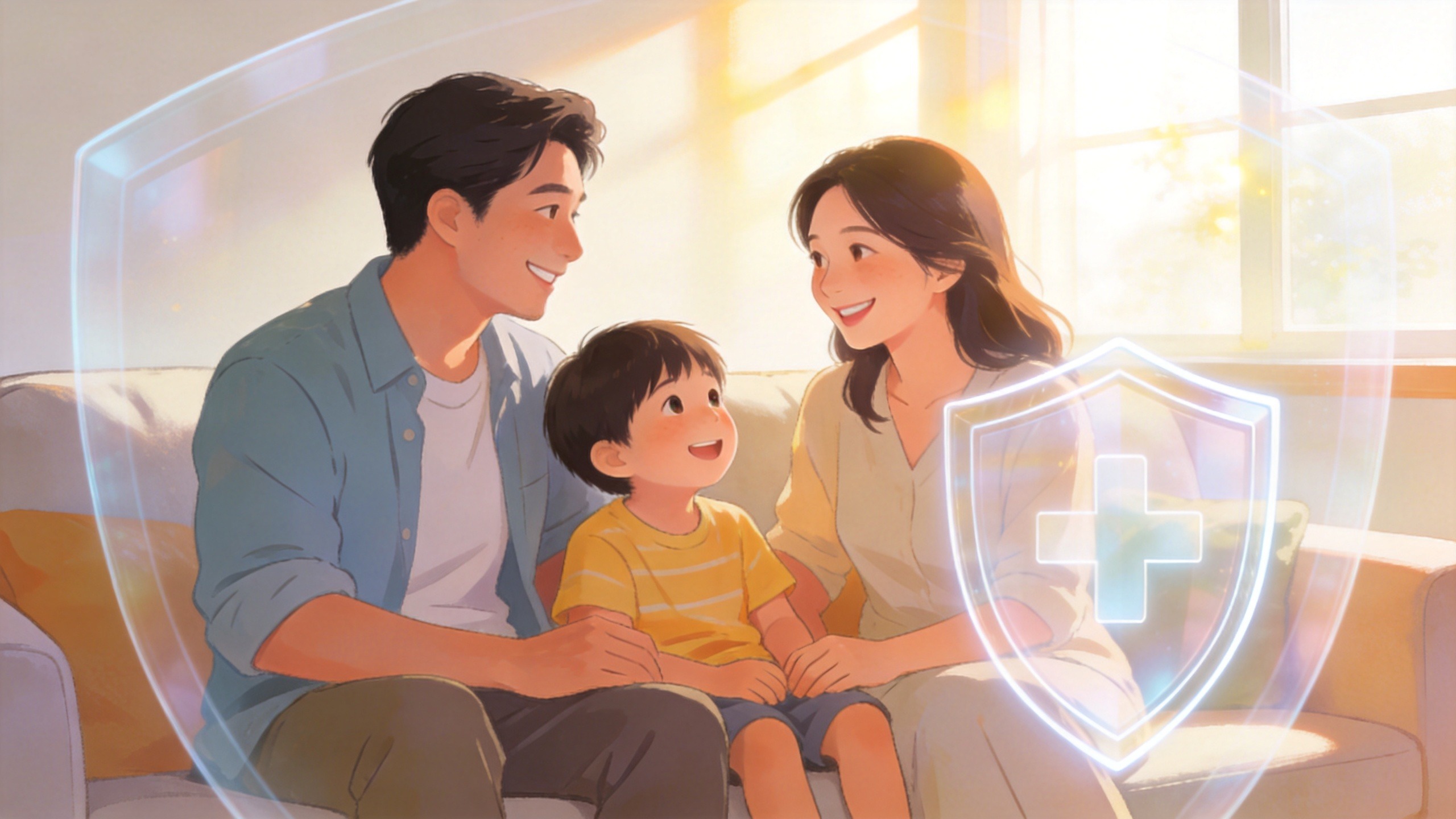 温馨家庭场景插画，体现医疗保险带来的安全感与日常守护