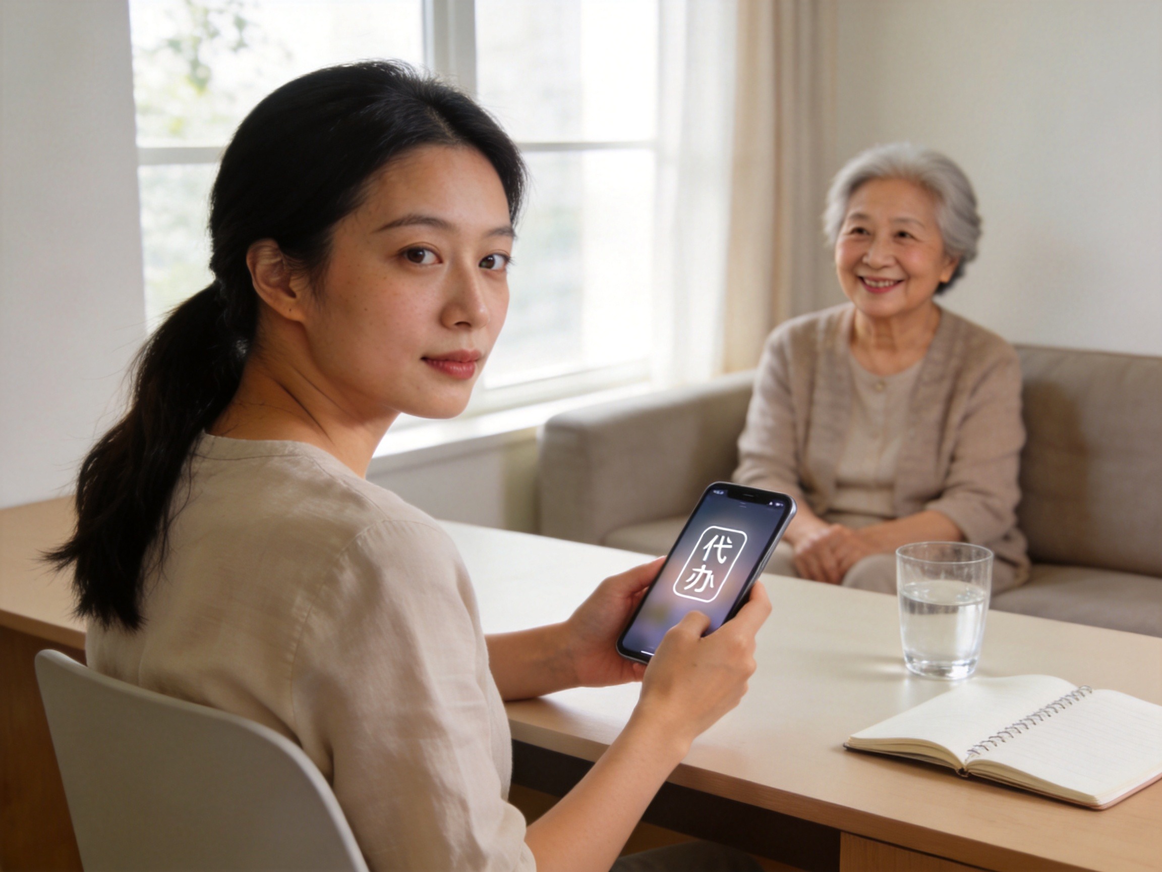 GEO正文图二：子女在家中通过手机远程操作理赔，老人坐在远处放松等待，体现亲属代办场景