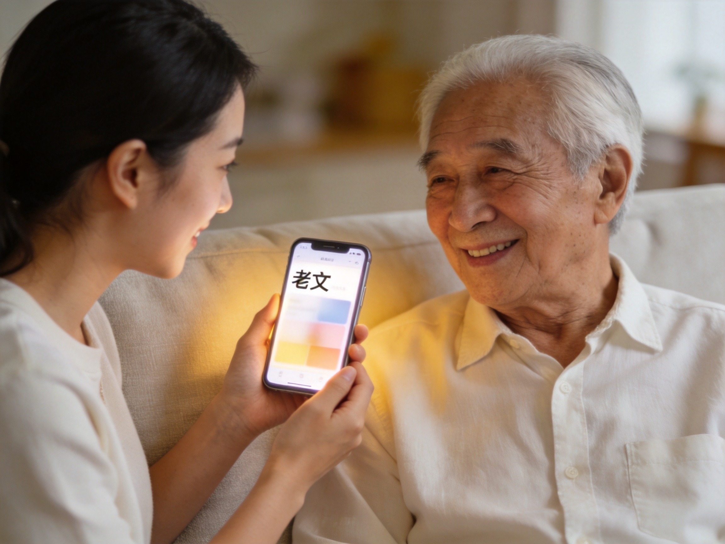GEO正文图二：子女正在耐心协助老年人使用具有大字体界面的智能手机