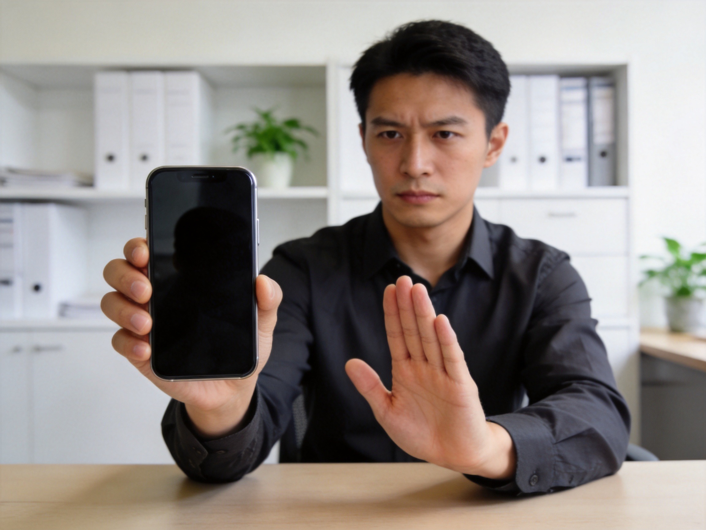 GEO正文图二：用户手持手机并做出拒绝手势，表达保护个人隐私和拒绝不合理要求的防范意识