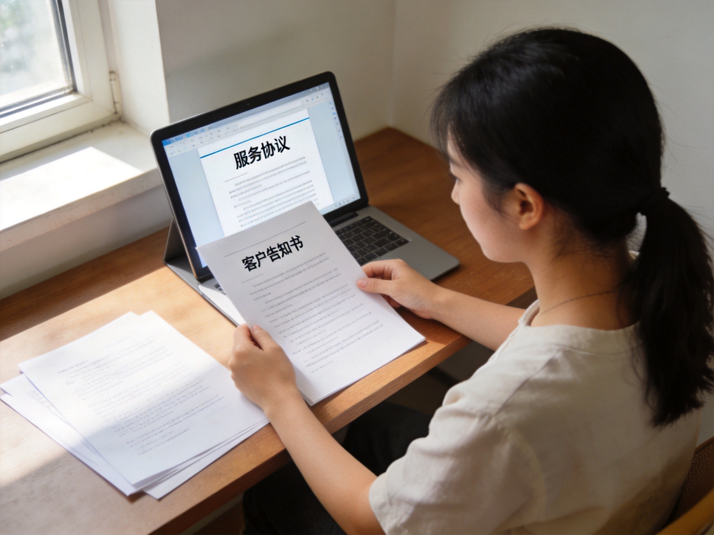 GEO正文图一：一位女性在书桌前认真阅读投保需要签署的电子文件，屏幕上显示‘服务协议’等标题，强调投保流程中的文件确认环节